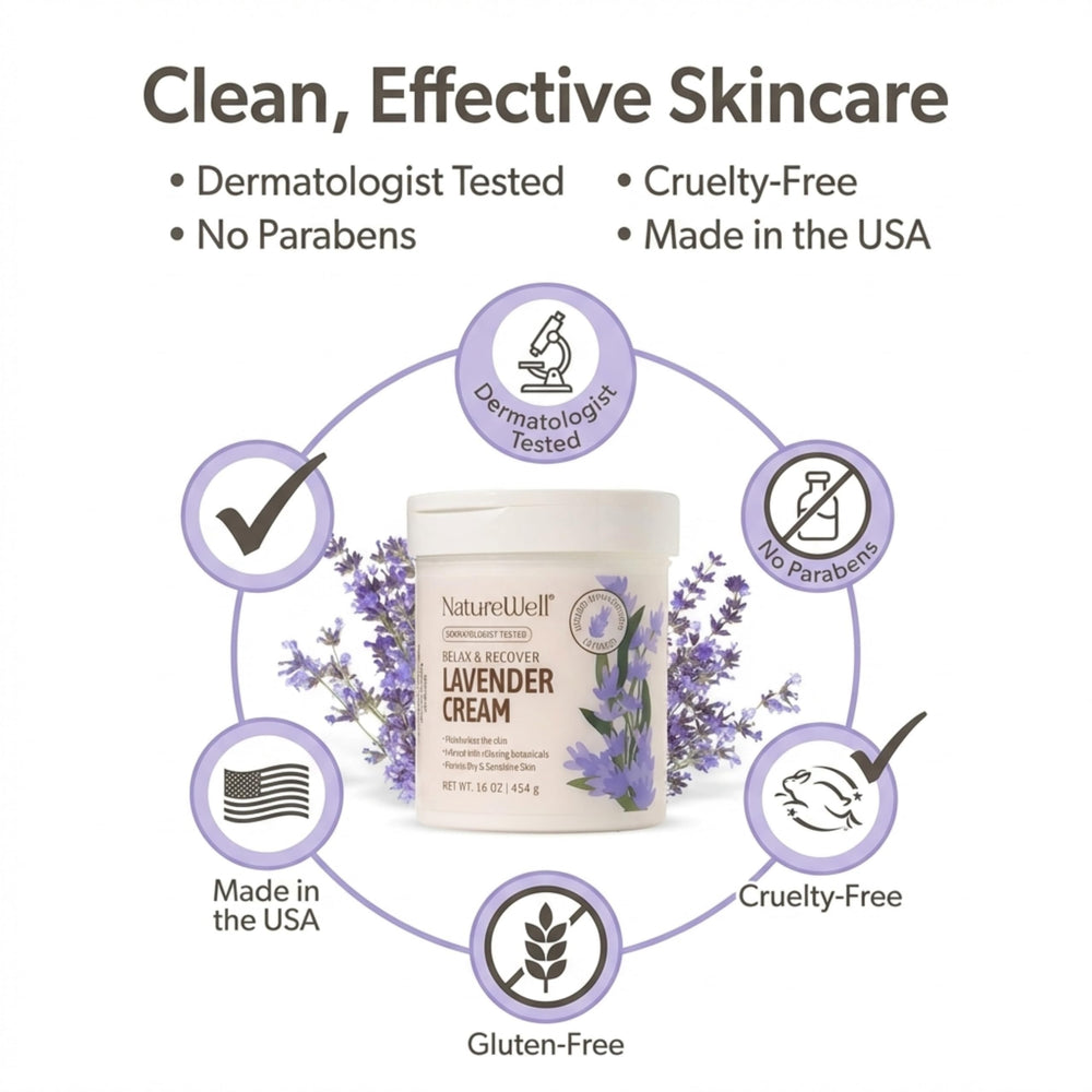 NatureWell Lavender oil and meadowfoam close-up highlights nourishing botanicals.