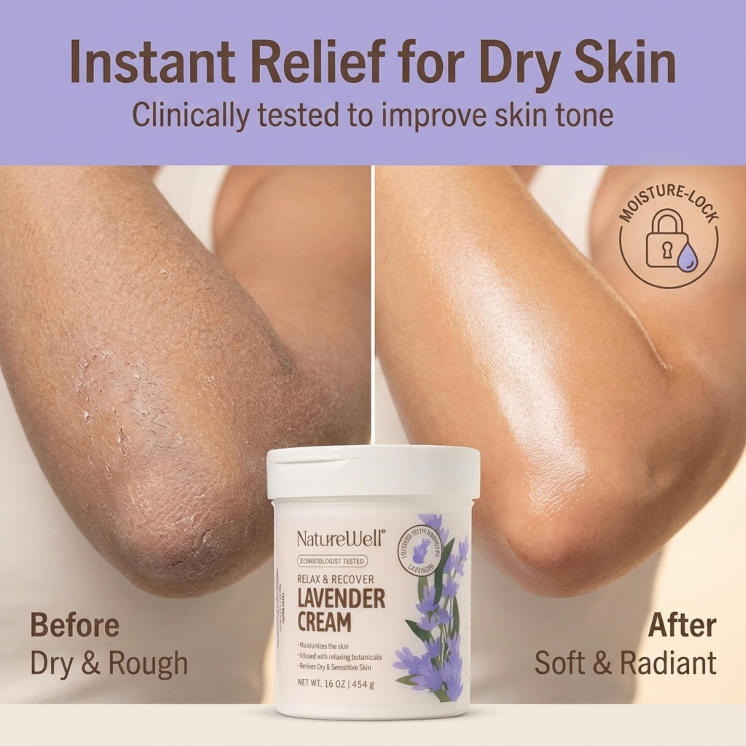 NatureWell Lavender Cream texture swatch demonstrates lightweight, fast absorption.