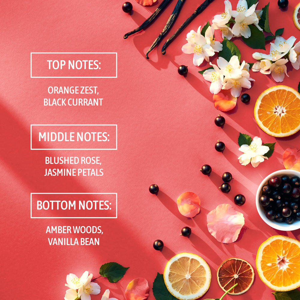 Orange zest, rose, and vanilla fragrance notes on packaging for uplifting scent.