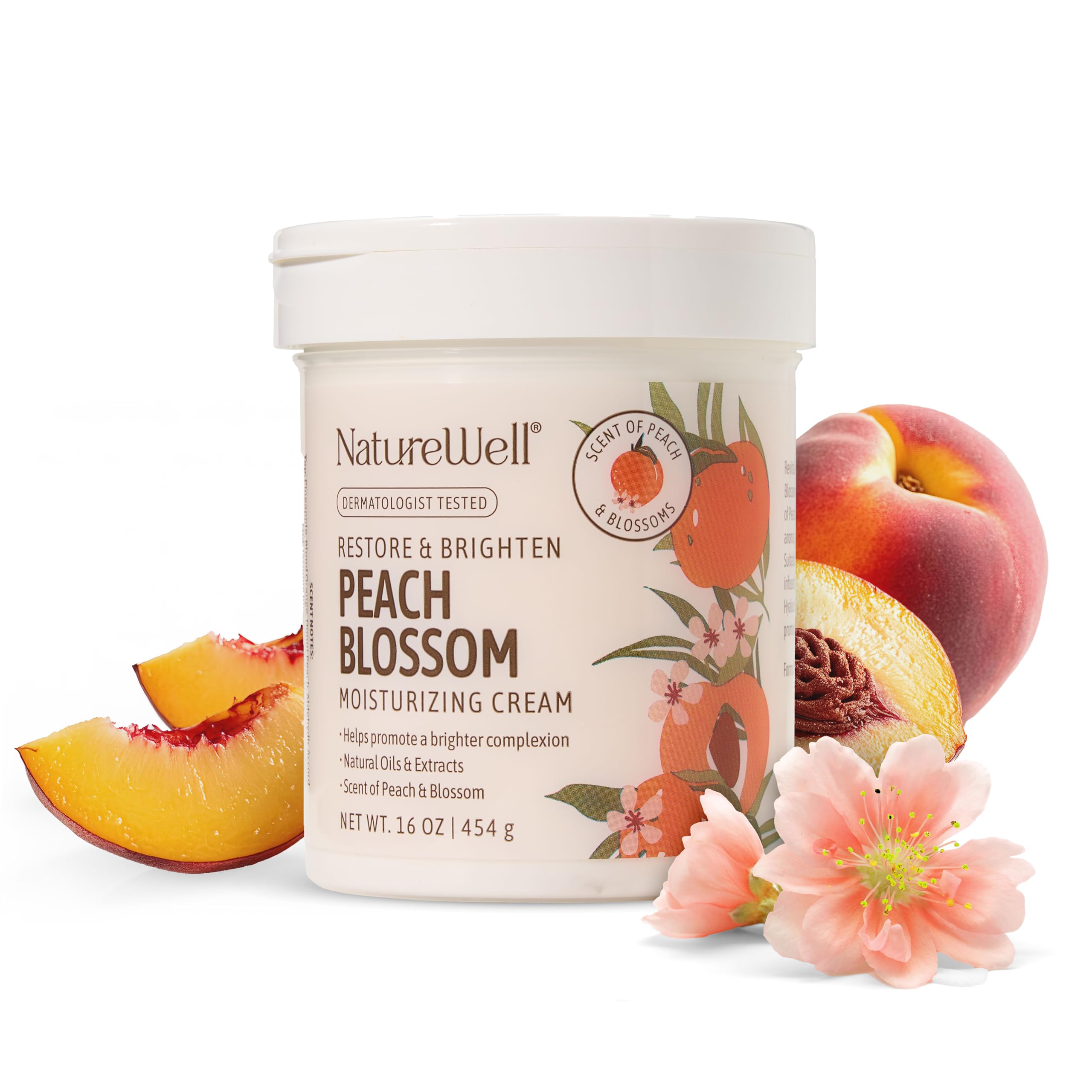 NatureWell Peach Blossom Restore and Brighten Cream bottle for radiant skin.