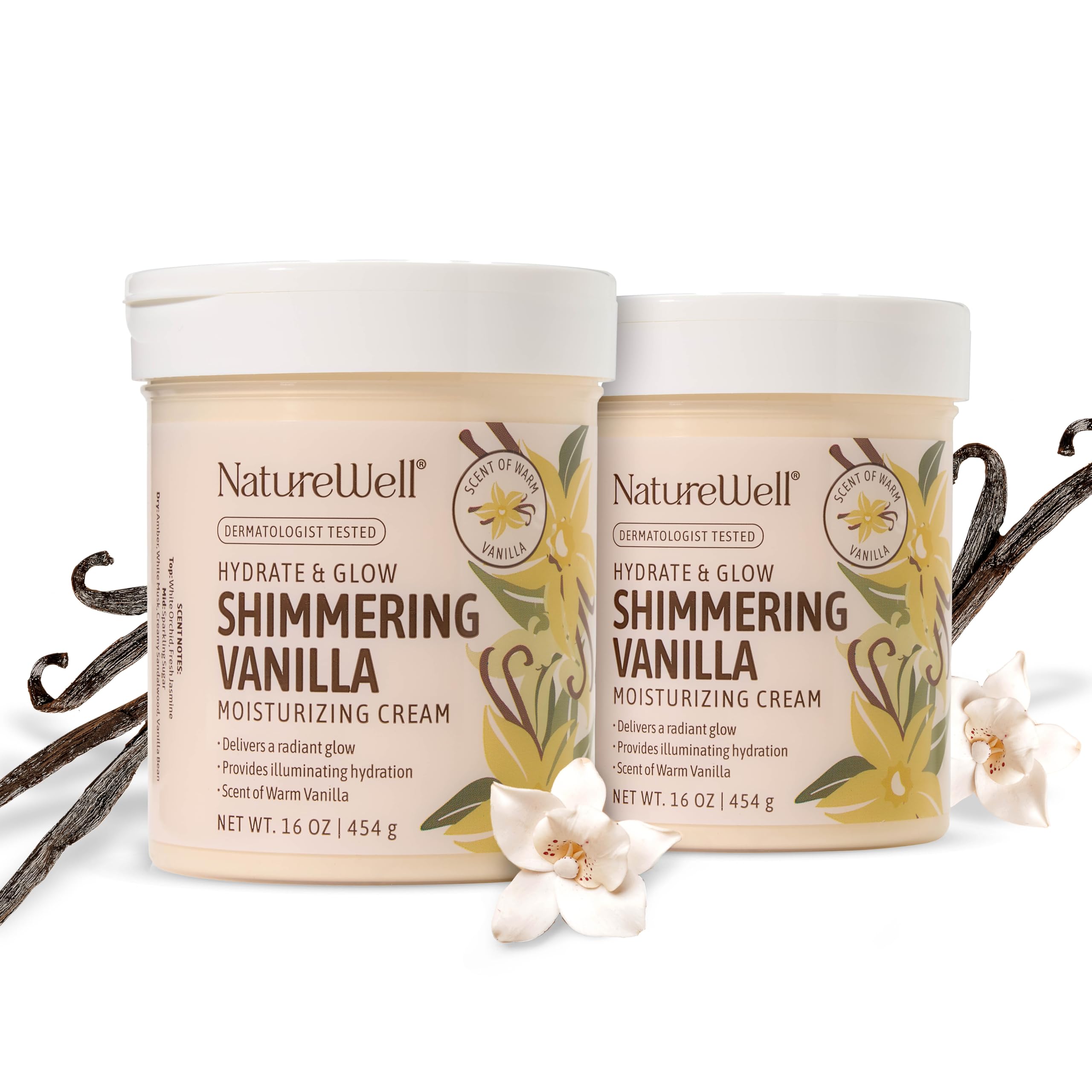 NatureWell Shimmering Vanilla Hydrate & Glow cream pack-front for all-over hydration