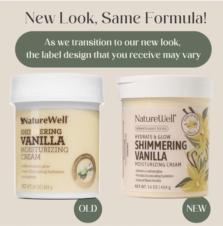 NatureWell Shimmering Vanilla Hydrate & Glow cream texture-swatch demonstrates lightweight nourishment