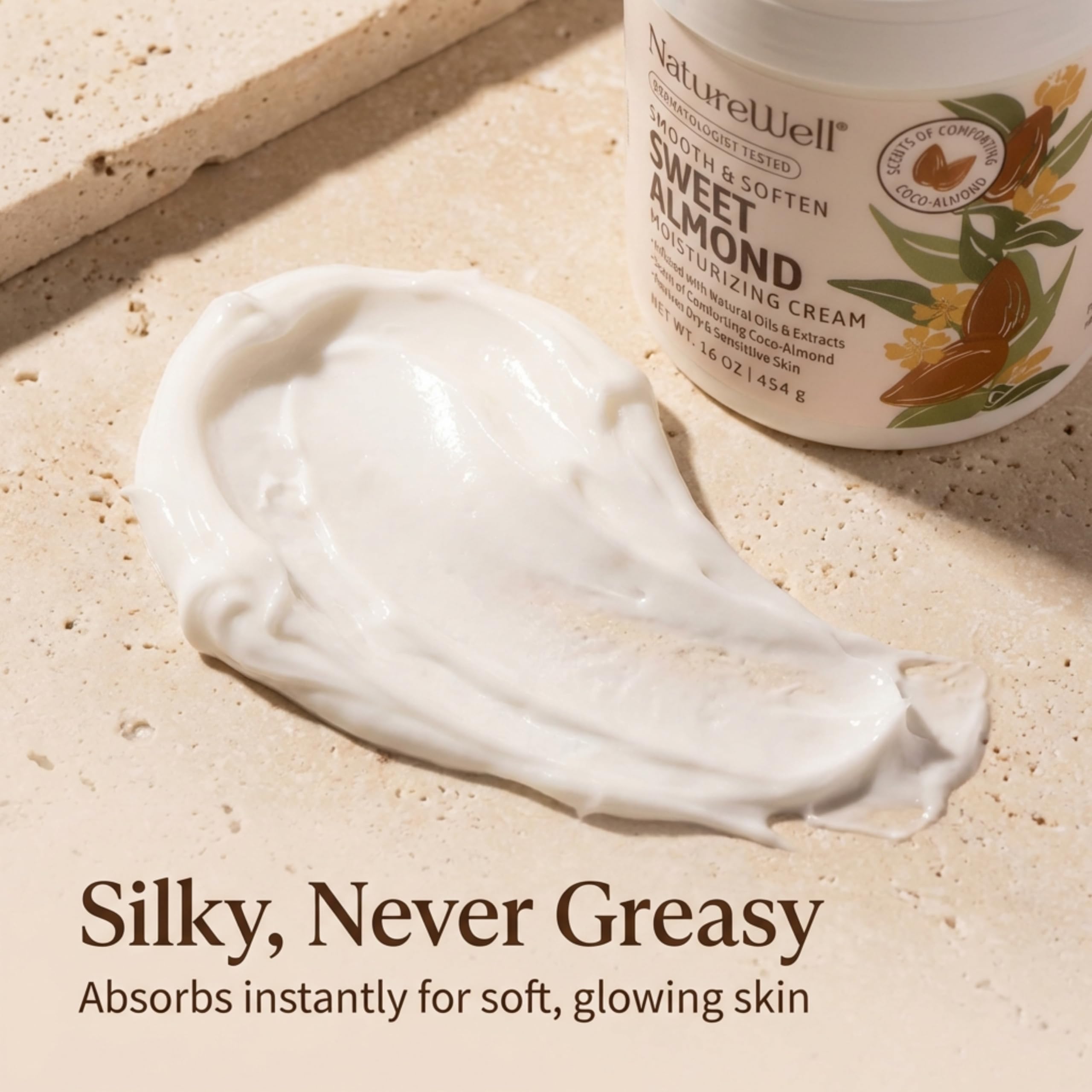 NatureWell Sweet Almond cream on hand showing silky finish and hydration.