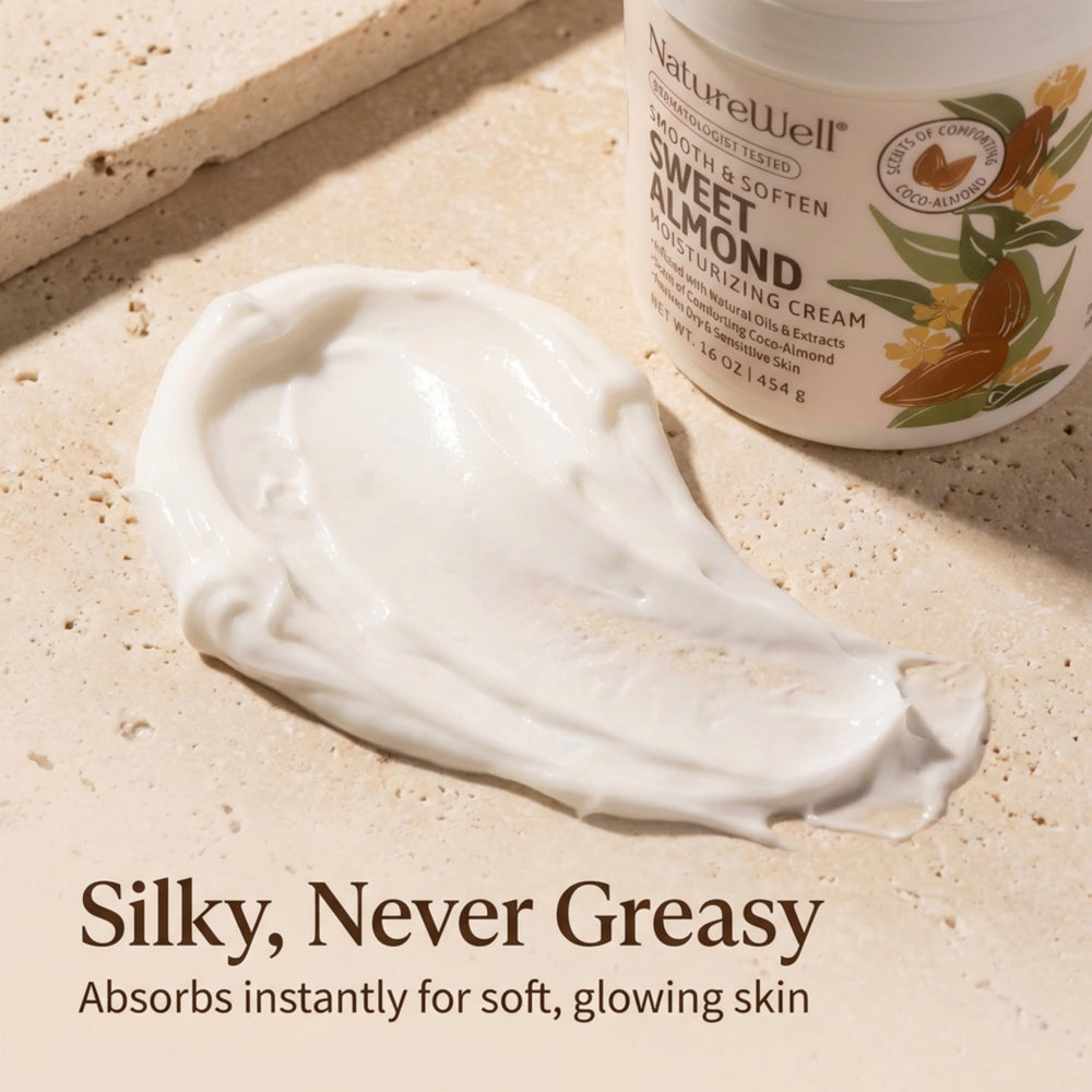 NatureWell Sweet Almond cream on hand showing silky finish and hydration.