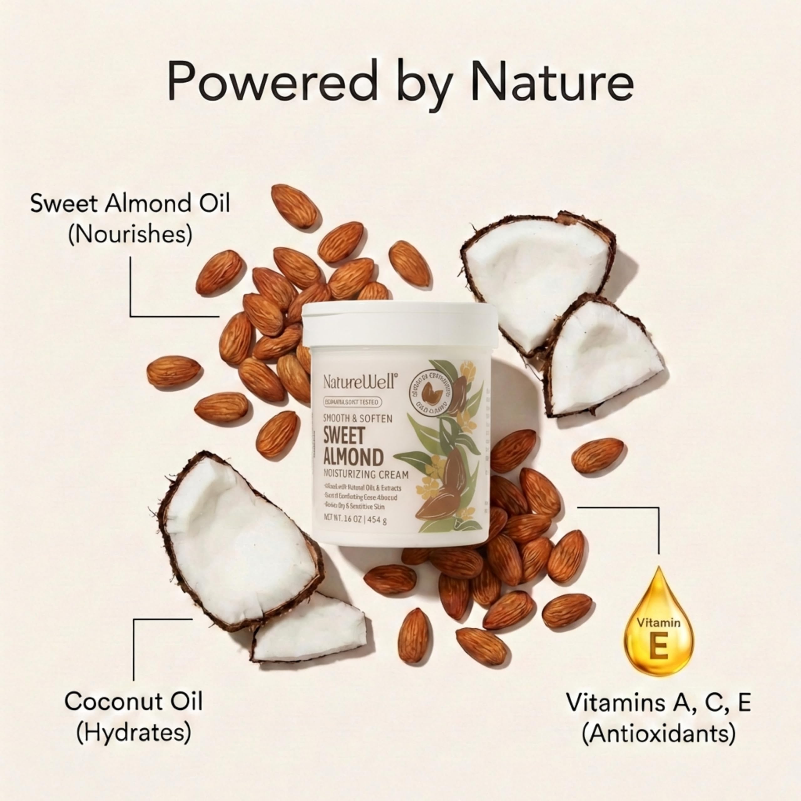 NatureWell Sweet Almond ingredients with almond and coconut oils nourish the skin.