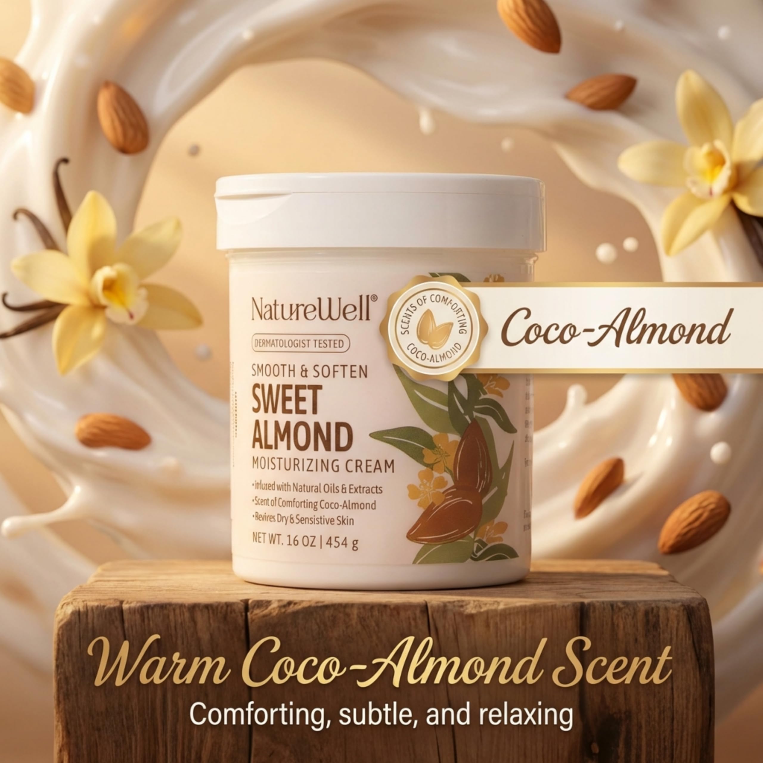 NatureWell Sweet Almond pump bottle in use for easy, even application.