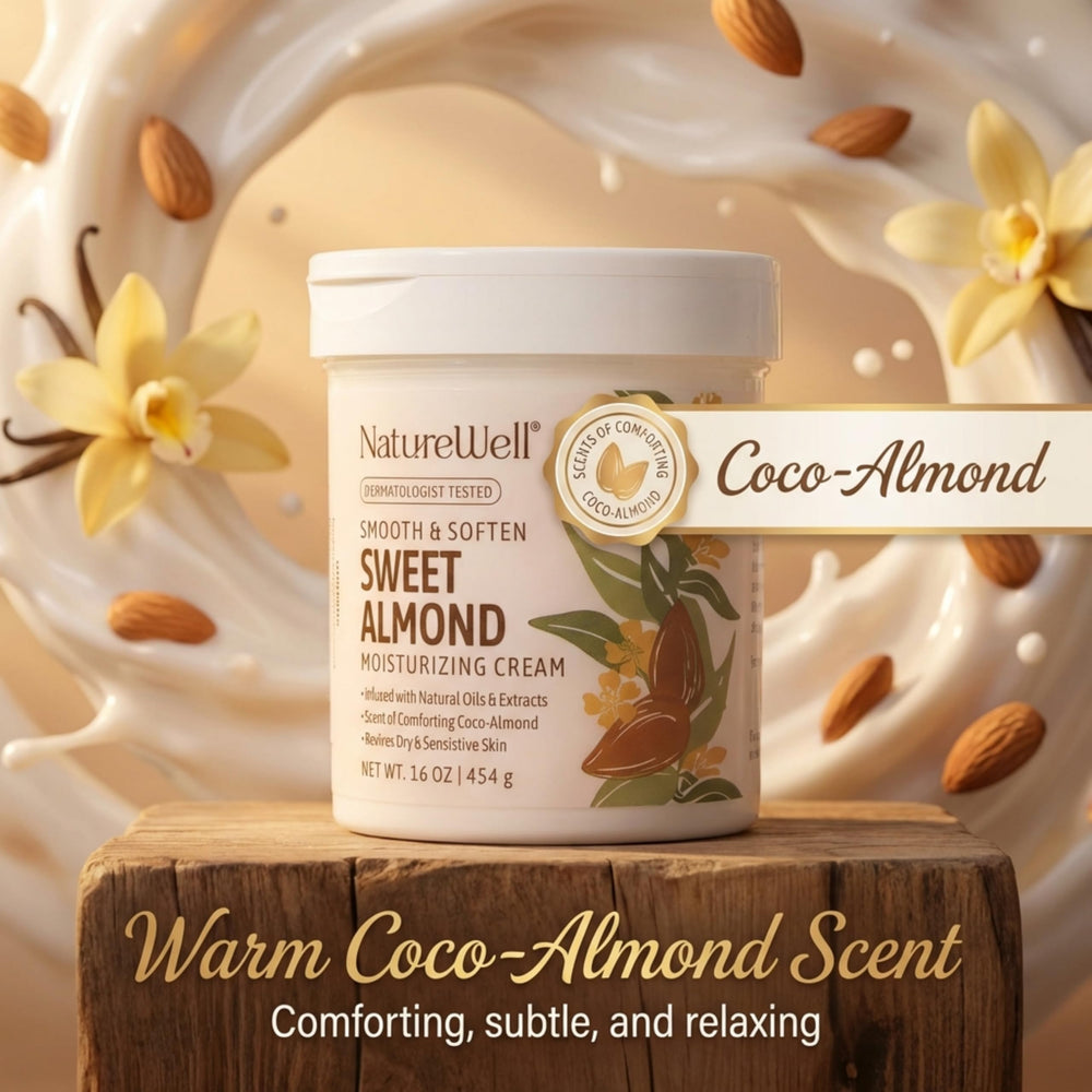NatureWell Sweet Almond pump bottle in use for easy, even application.