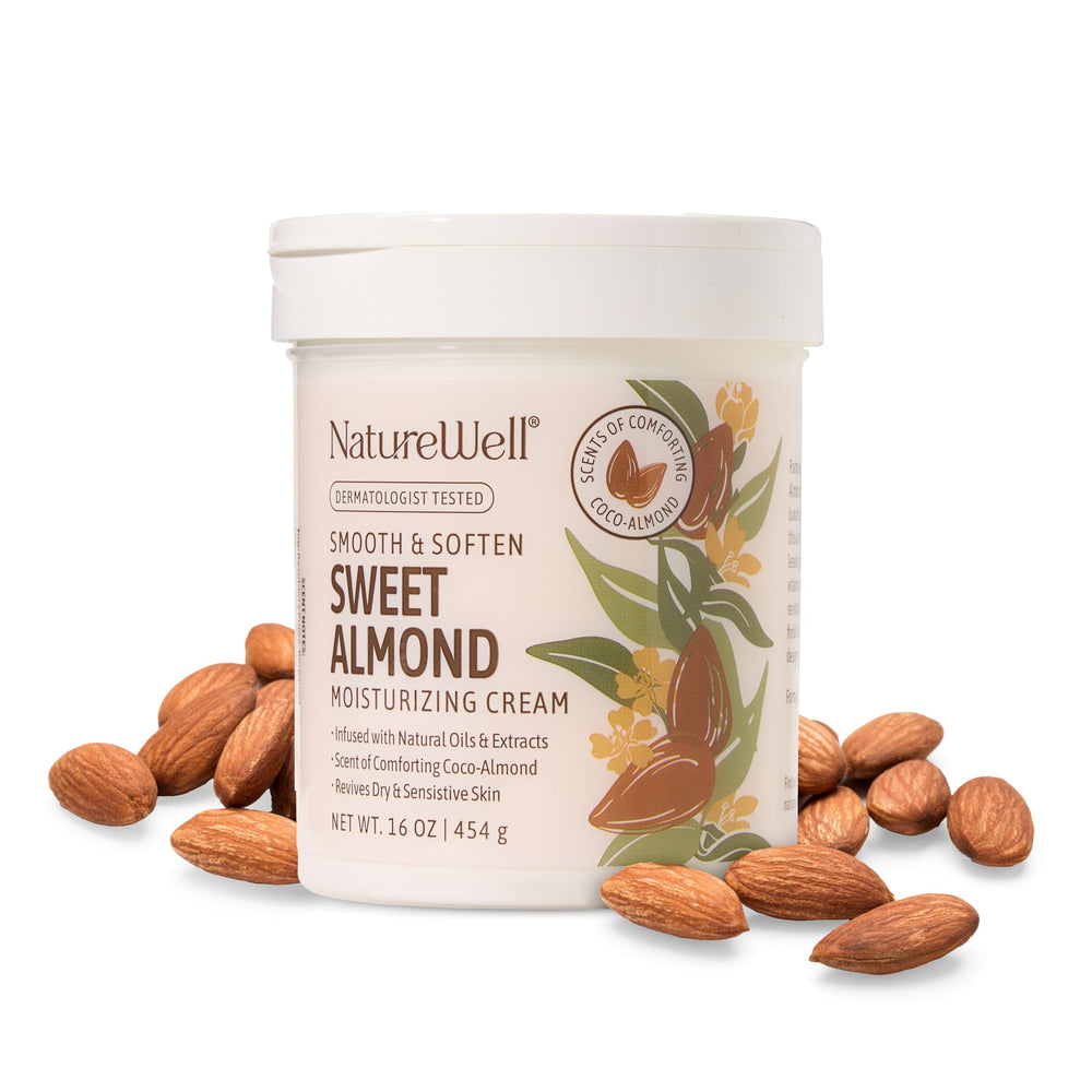 NatureWell Sweet Almond moisturizing cream bottle front for daily hydration.