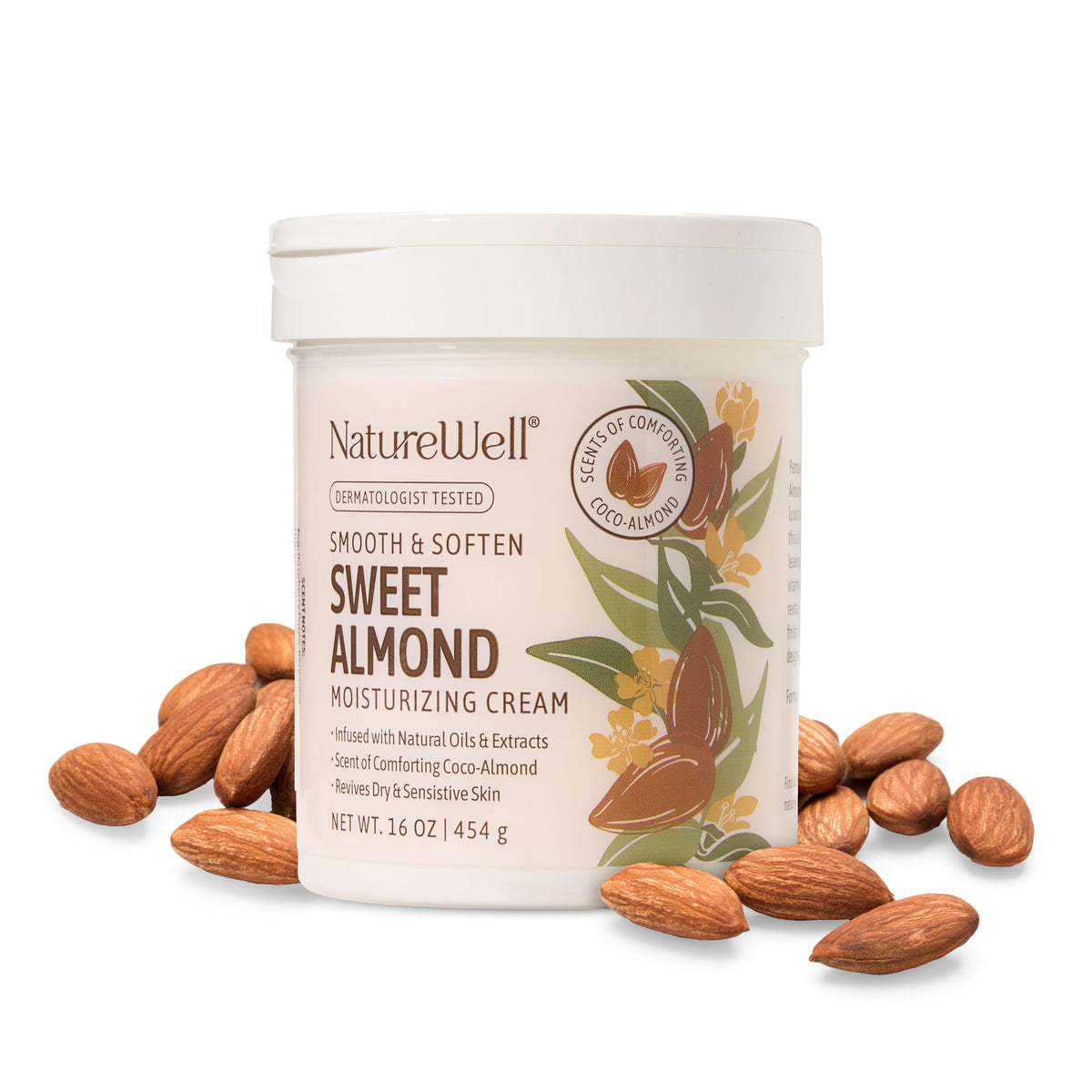 NatureWell Sweet Almond moisturizing cream bottle front for daily hydration.