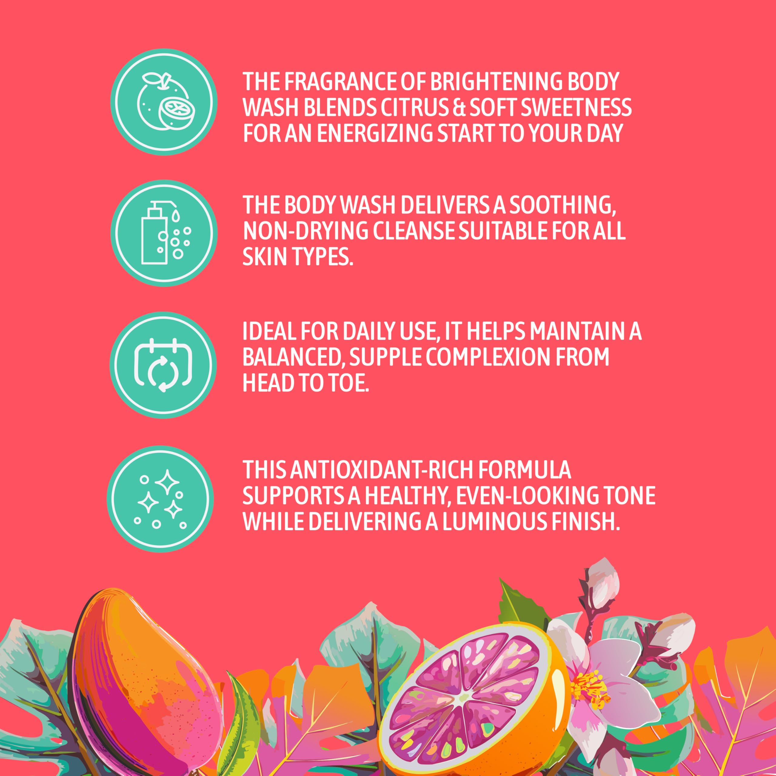 Vitamin C rich blend illustrated with citrus notes for brightening effects.