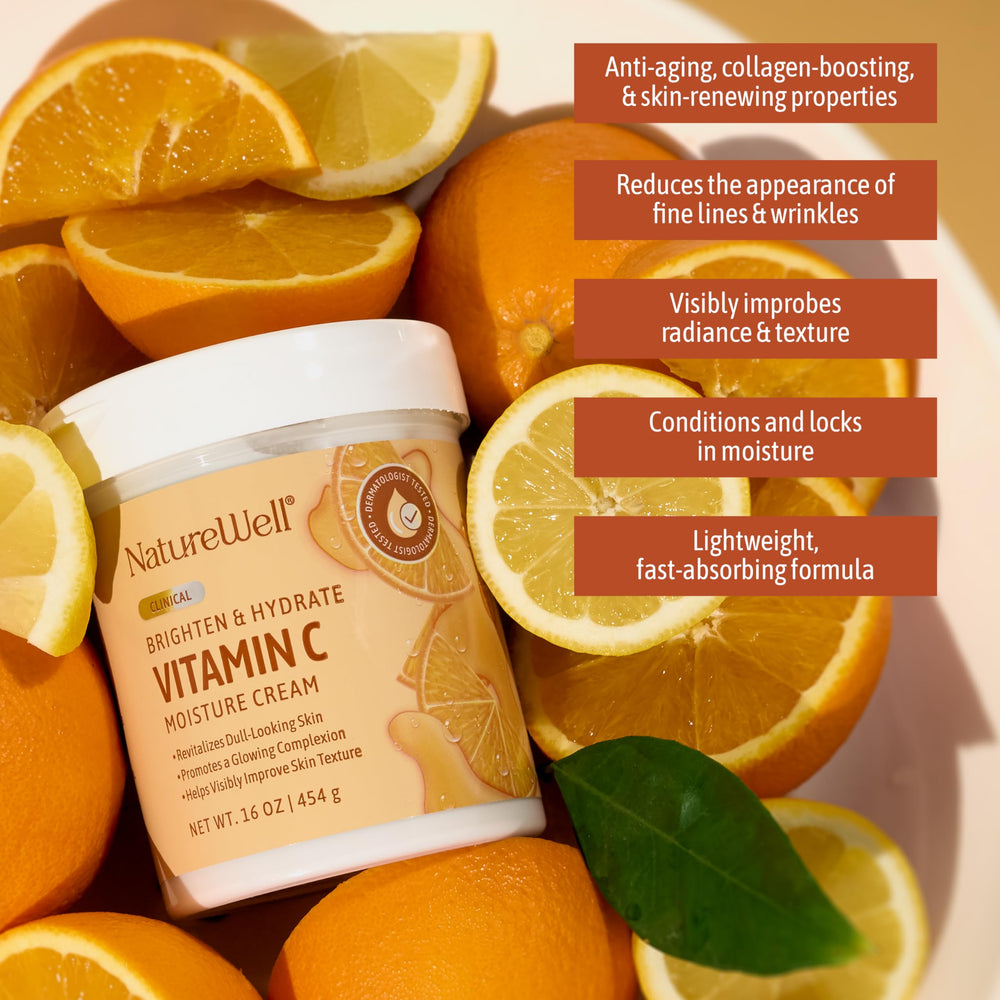 NatureWell Vitamin C Moisturizer pump bottle showing easy absorption and brightening potential.
