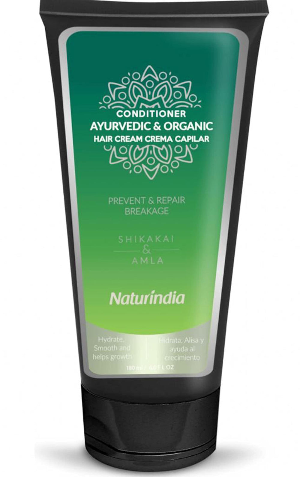 Naturindia Deep Conditioner bottle highlighting its Ayurvedic formula for damaged hair