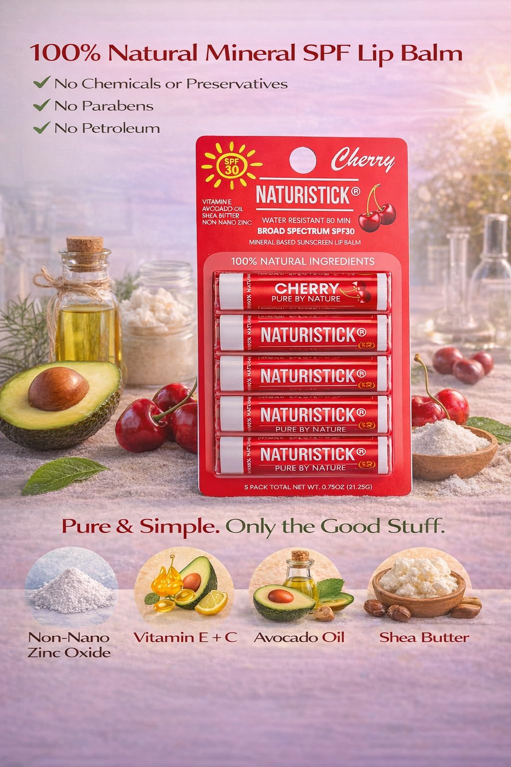 Naturistick cherry lip balm packaging shown, reef-safe, vegan lip care.
