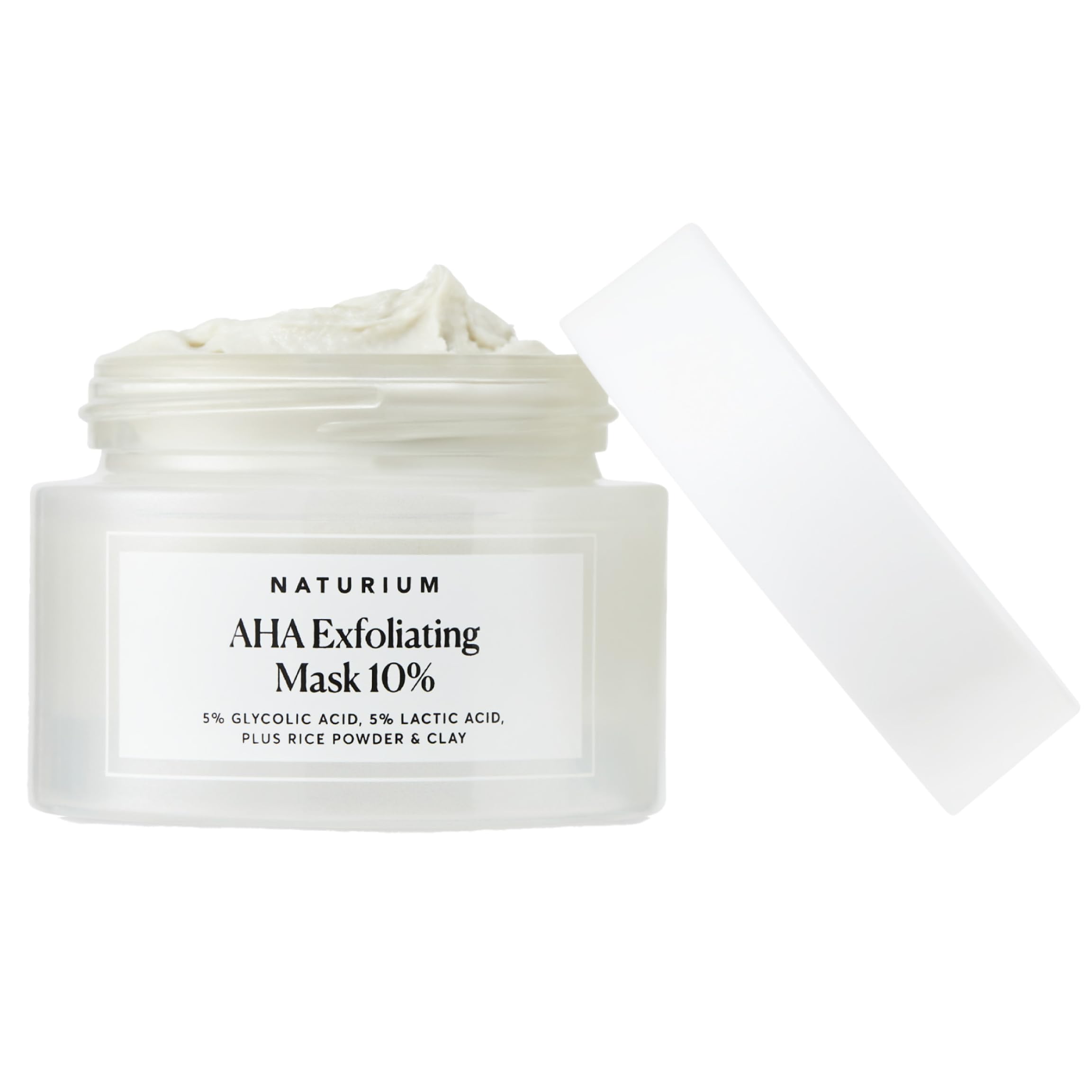 Naturium AHA Exfoliating Mask 10% jar closeup shows a smoothing and brightness potential
