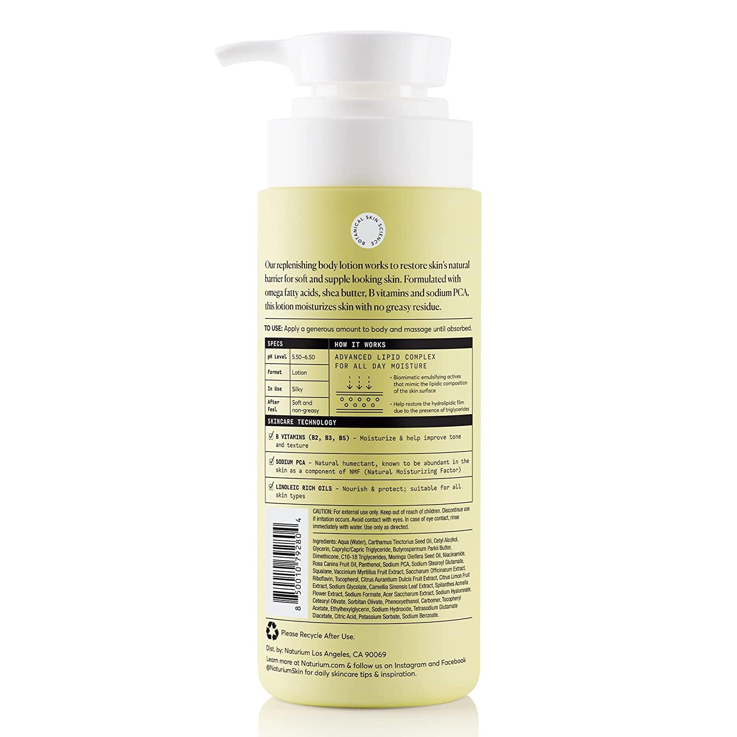 Front packaging of Naturium Bio-Lipid Restoring Body Lotion shows 14 oz USA-made claim.