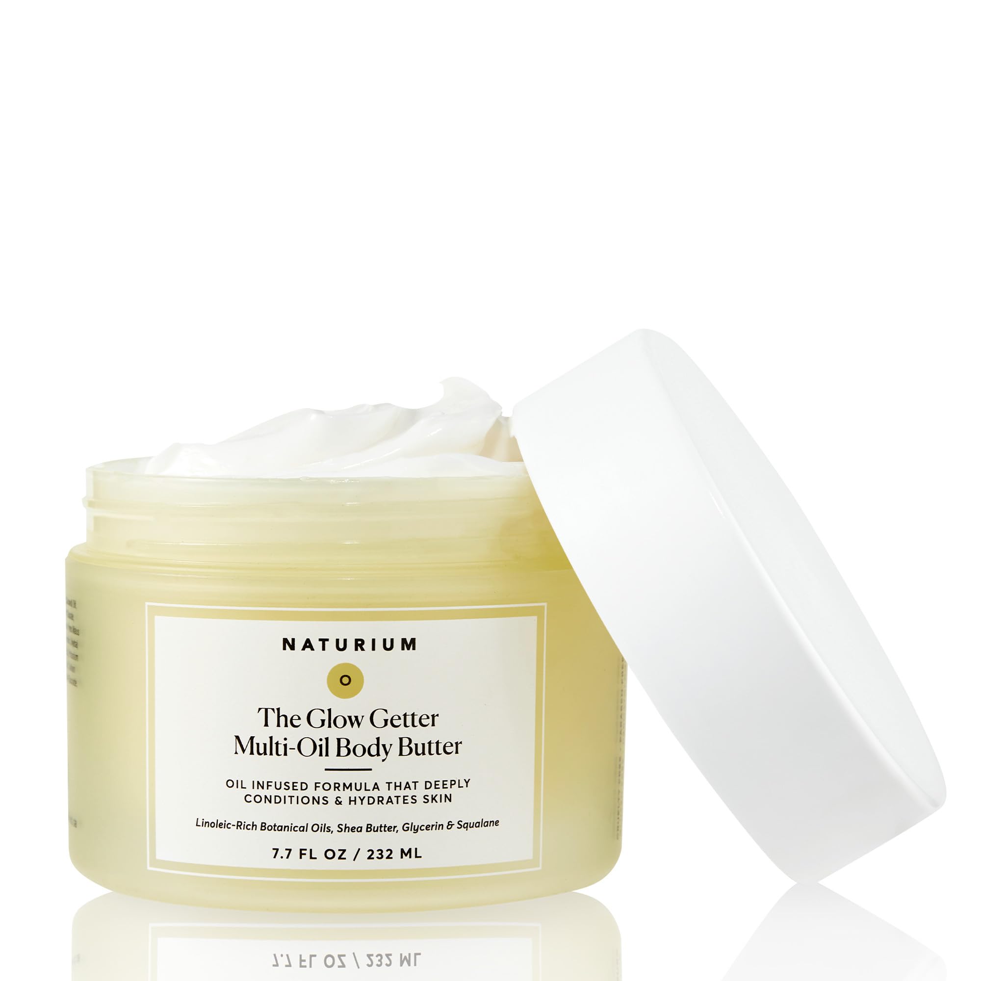 Naturium Glow Getter whipped body butter jar closeup for rich daily hydration.