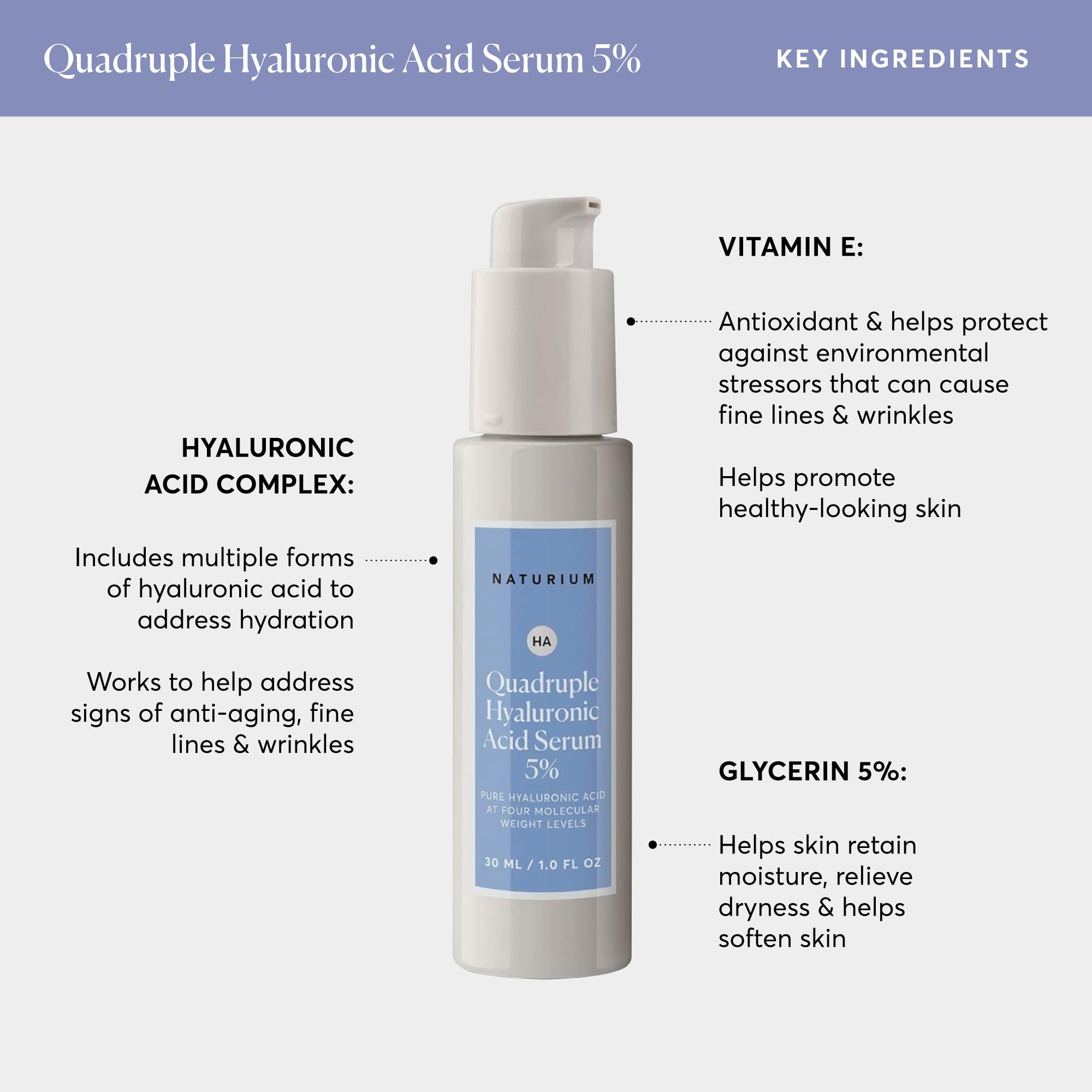 Naturium Quadruple Hyaluronic Serum fragrance-free label emphasizes clean skincare.