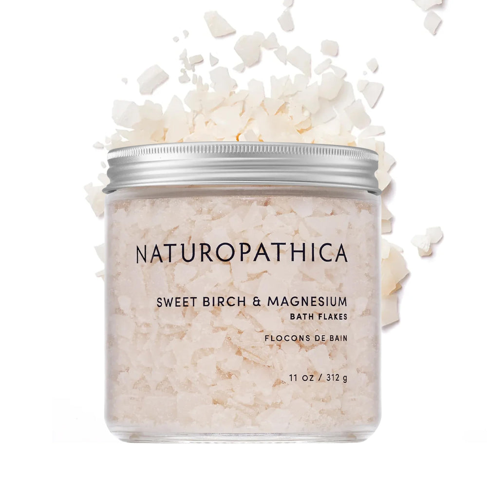 Naturopathica Sweet Birch Magnesium Bath Flakes packaging for easy daily relaxation