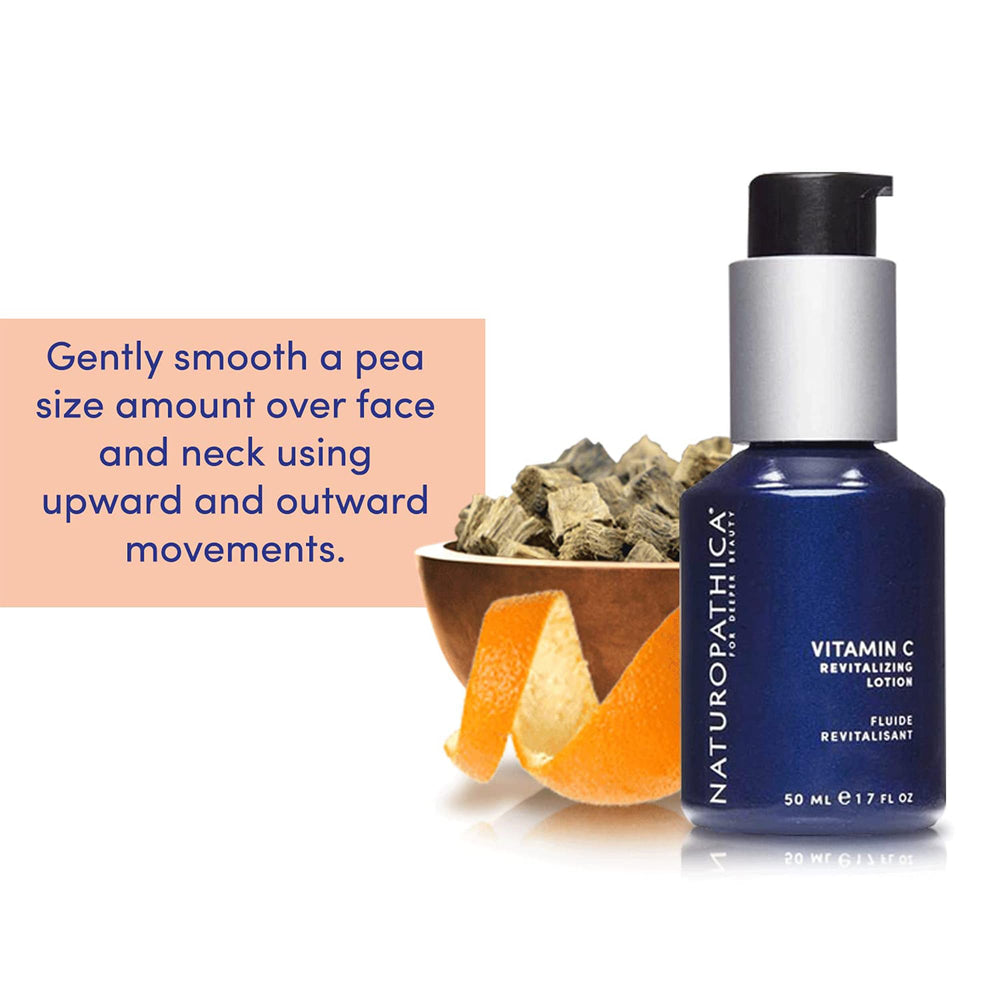 Naturopathica Vitamin C Revitalizing Lotion ingredients chart lists vitamin C, squalane, and botanicals.