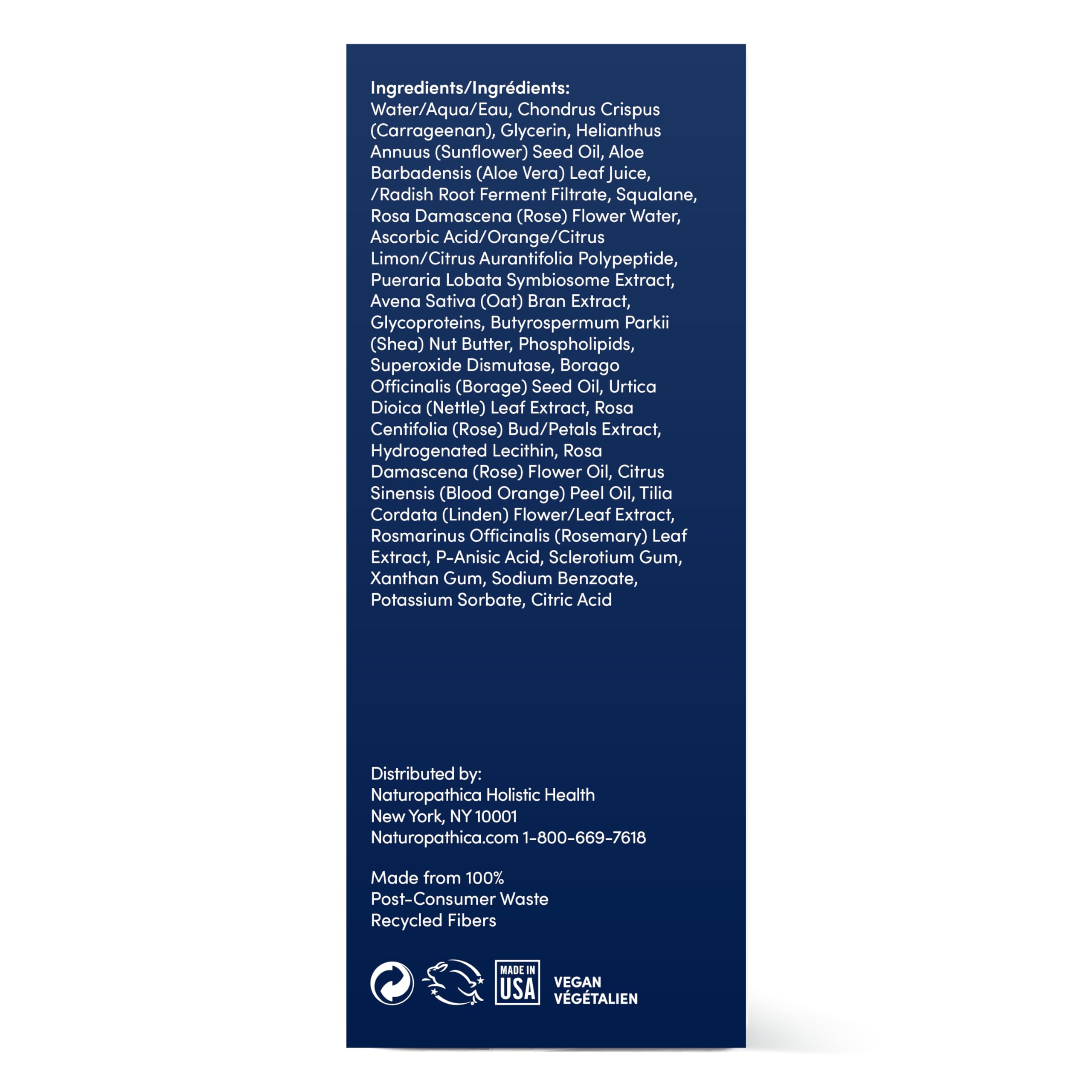 Naturopathica Vitamin C Revitalizing Lotion packaging highlights cruelty-free USA-made credentials.