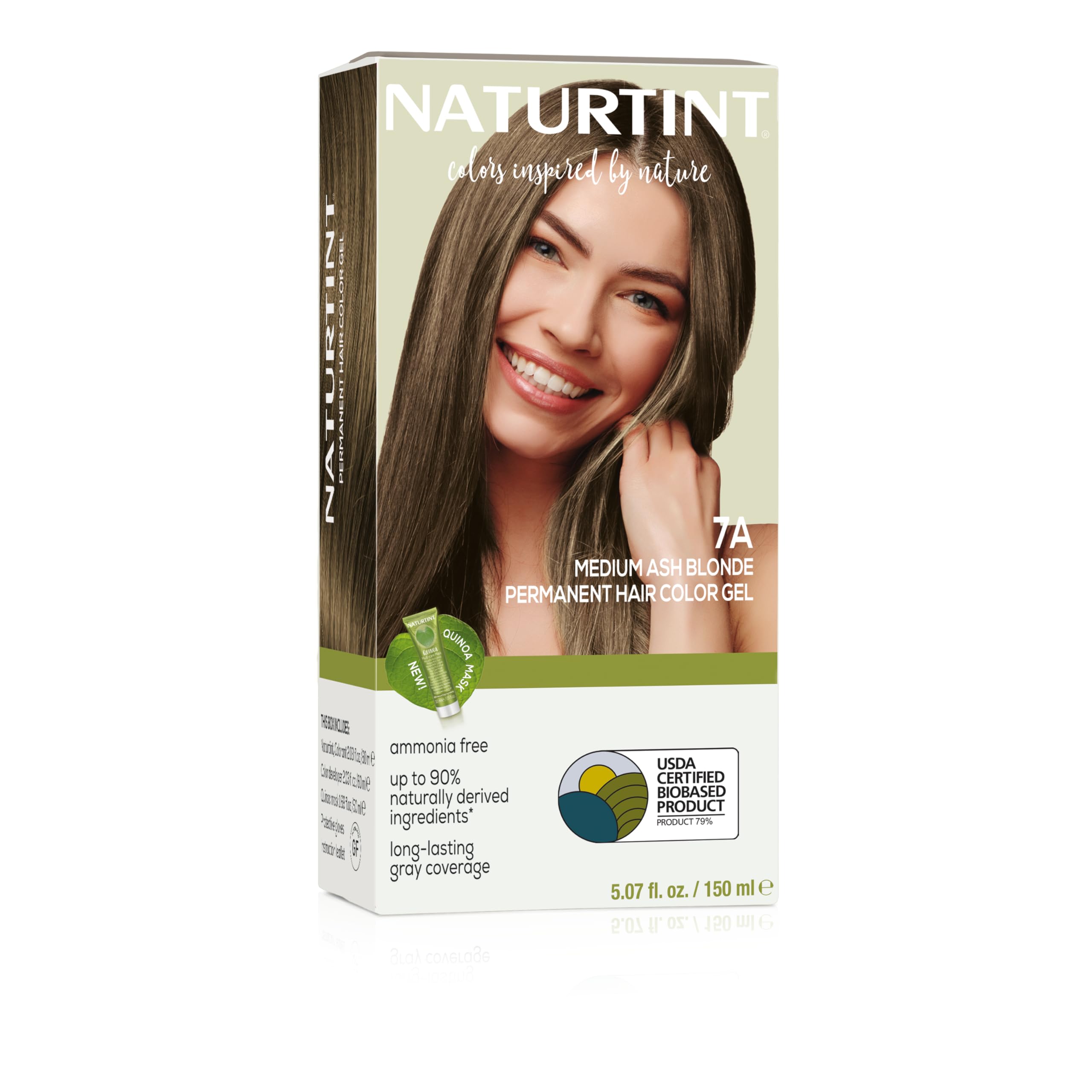 Naturtint 7A Medium Ash Blonde packaging shows vegan, ammonia-free color kit for home use.