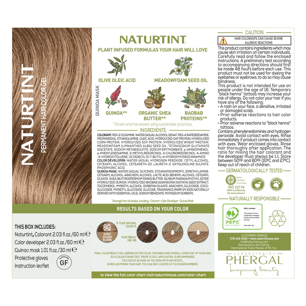 Naturtint 8G Sandy Golden Blonde packaging emphasizing vegan and cruelty-free assurance
