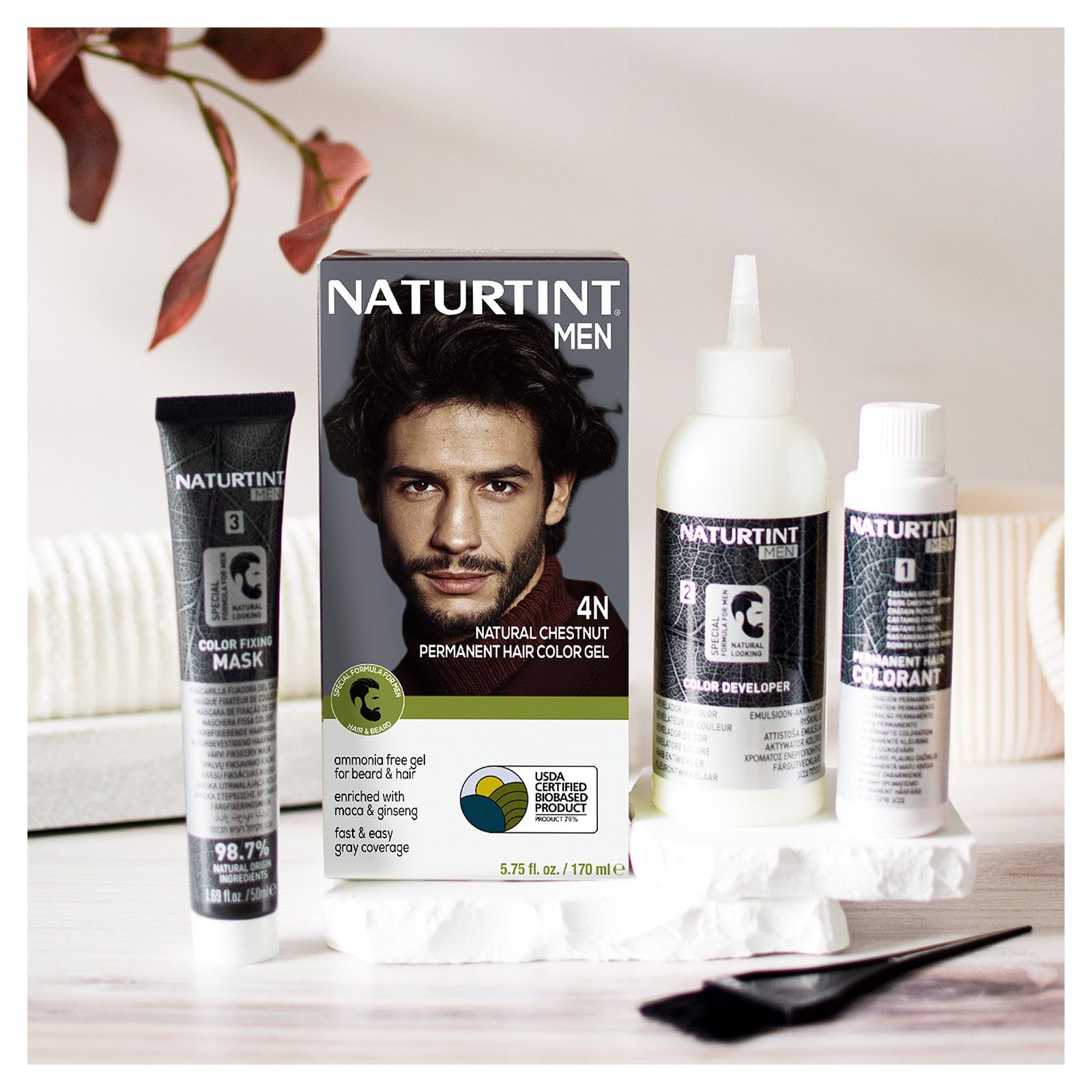 Naturtint Men 4N hair and beard application demonstrates seamless coverage on facial hair.