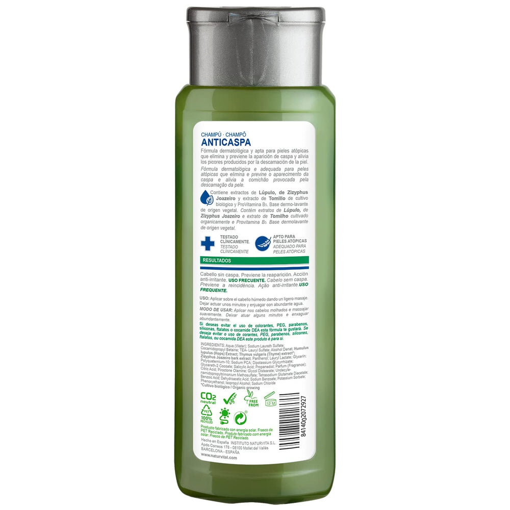 NaturVital anti-dandruff shampoo label highlighting hypoallergenic formula for sensitive scalps