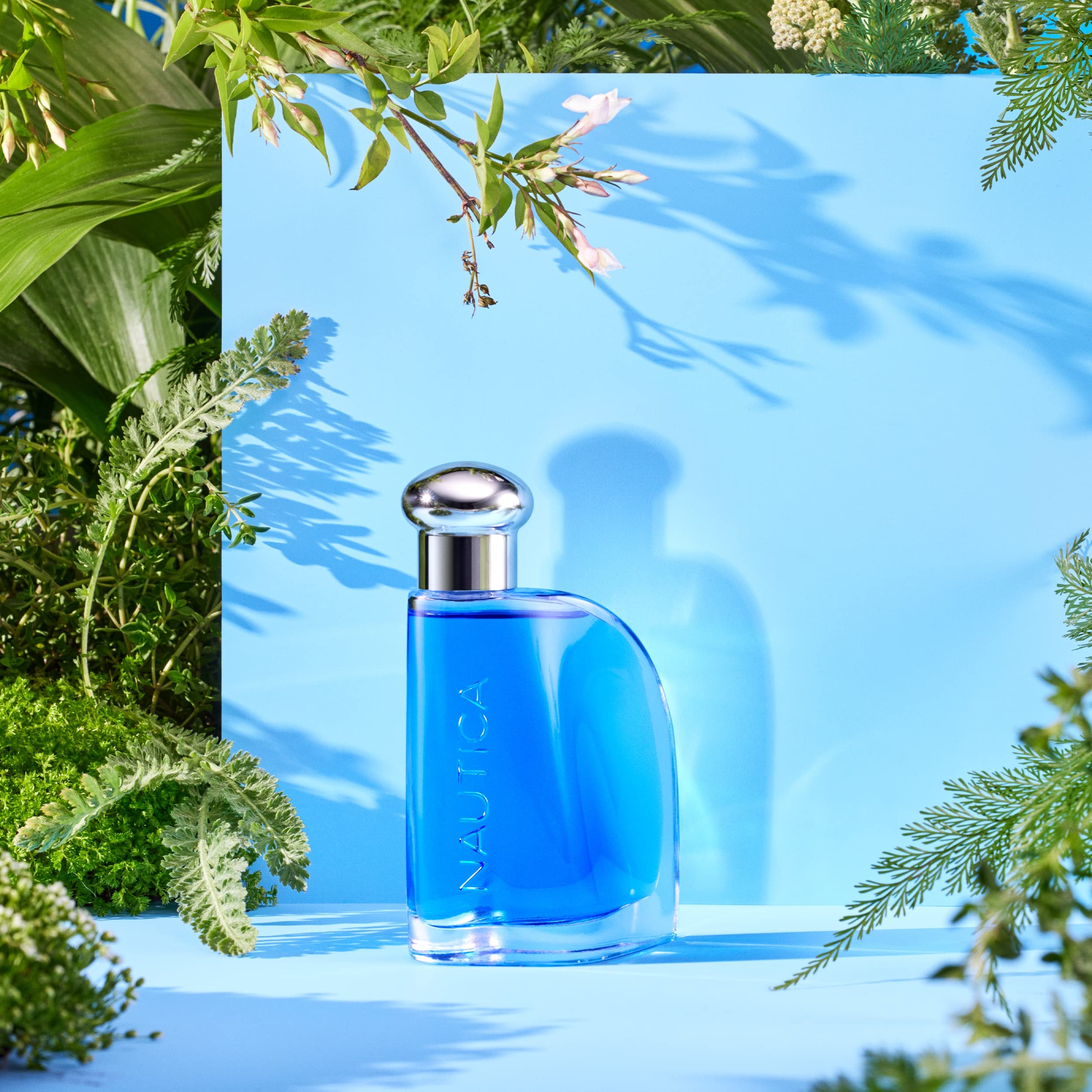 Nautica Blue bottle-with-cedarwood-musk arrangement shows warm base notes.