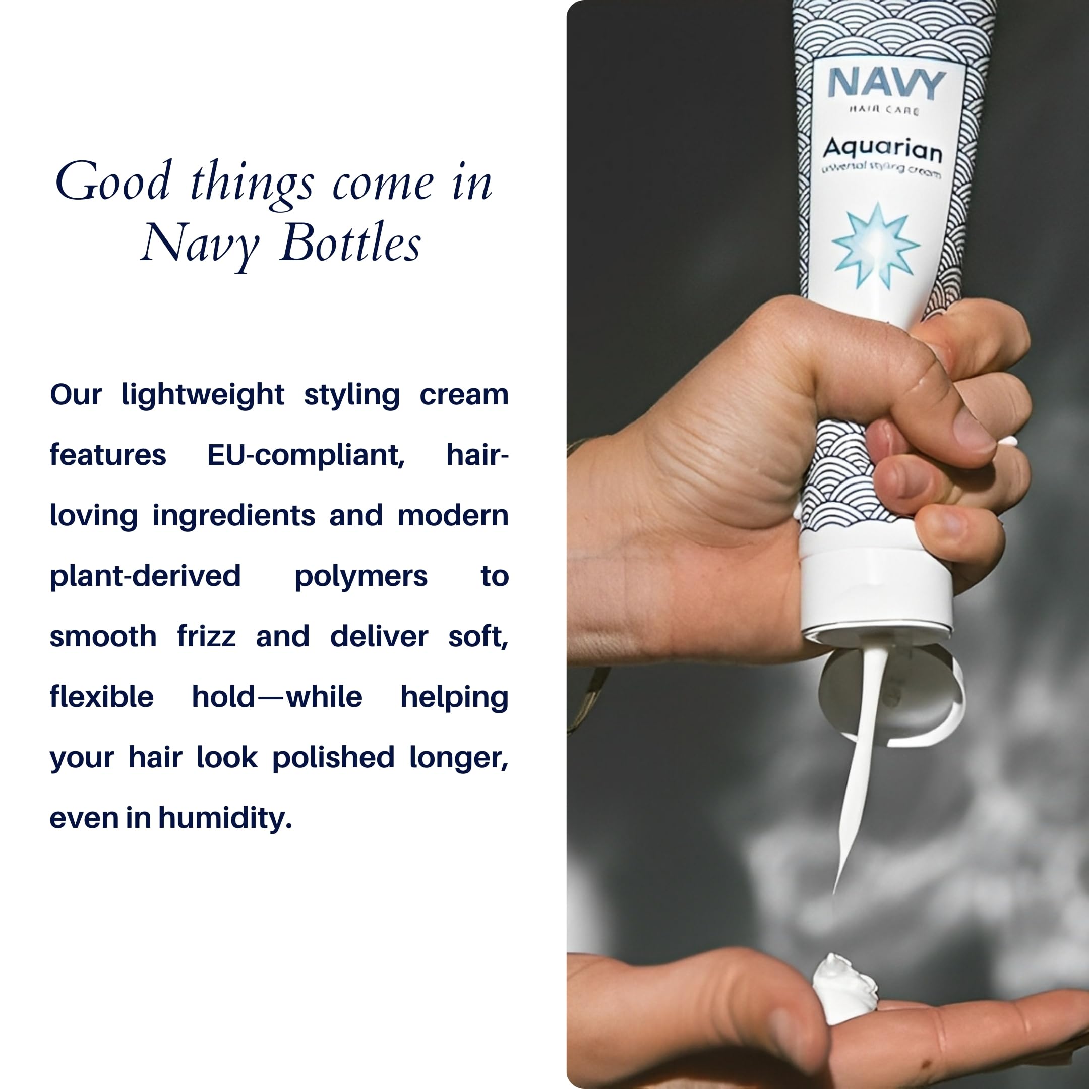 Frizz-control close-up with Aquarian 3-in-1 styling cream on hair