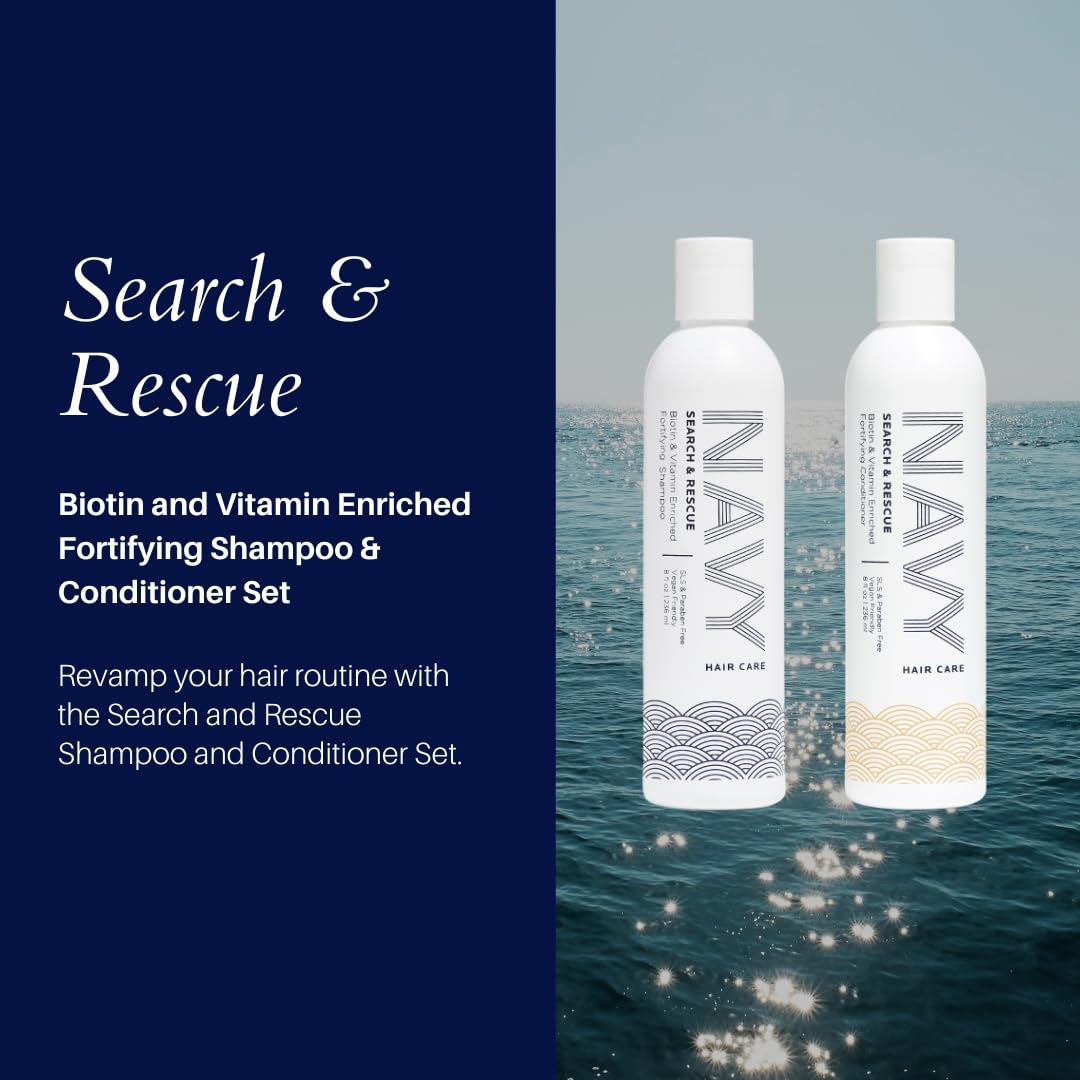 NAVY Hair Care Search and Rescue conditioner bottle—nourishing biotin blend for smoother curls.