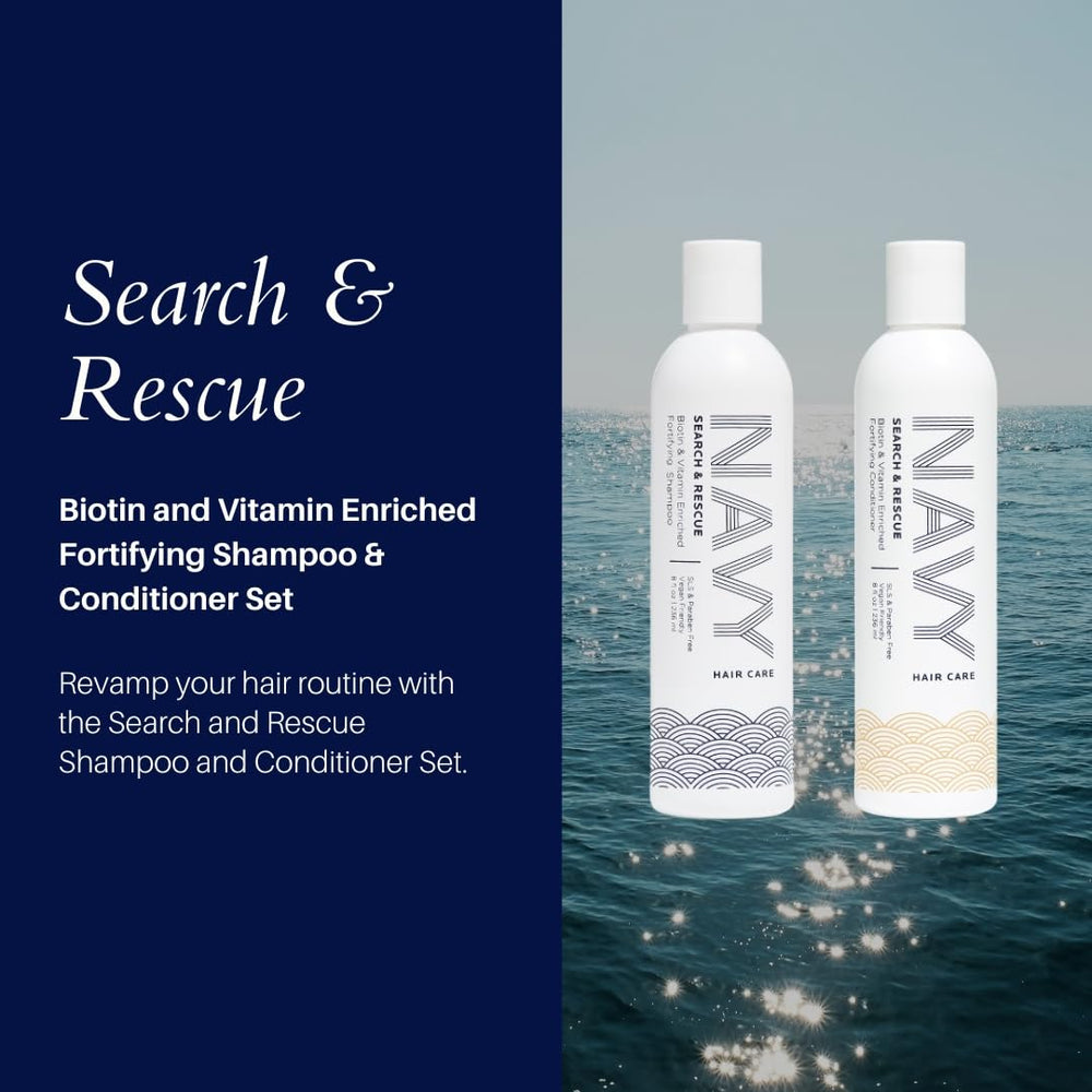 NAVY Hair Care Search and Rescue conditioner bottle—nourishing biotin blend for smoother curls.