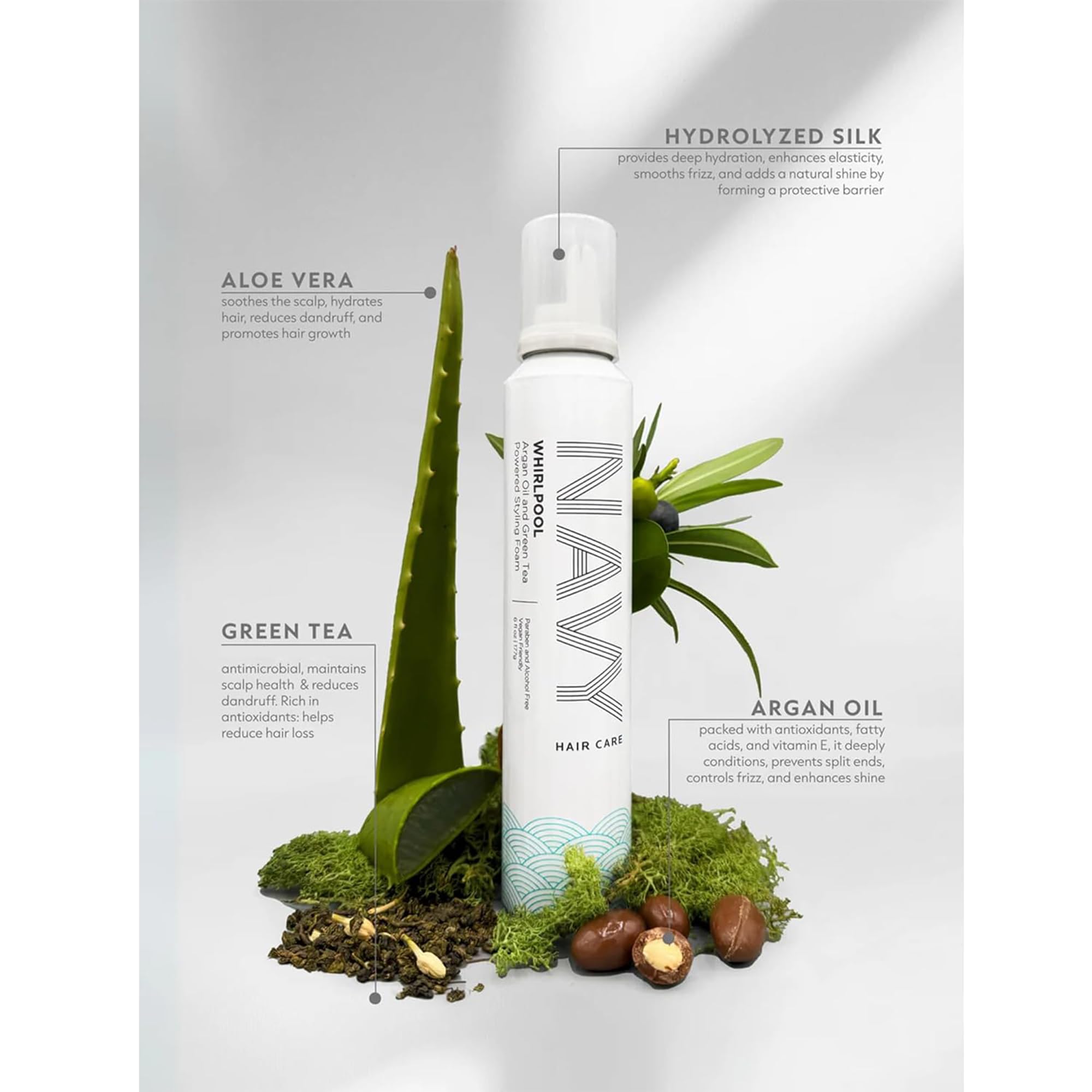 NAVY Hair Care Whirlpool Styling Foam with argan oil enhances smooth curls.