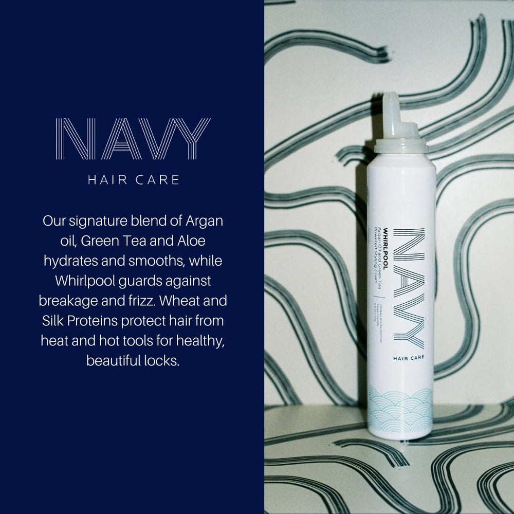 NAVY Hair Care Whirlpool Styling Foam provides heat protection during styling.