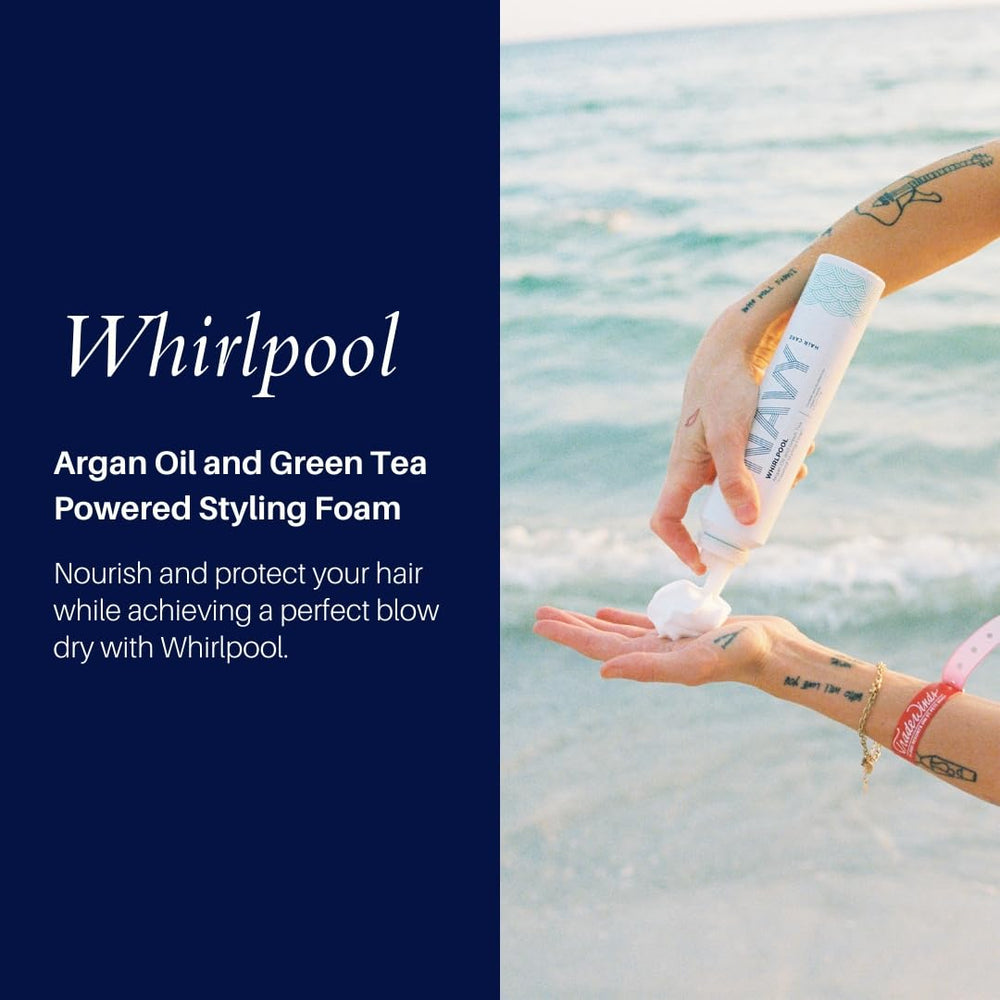 NAVY Hair Care Whirlpool Styling Foam on damp curls delivers natural lift.