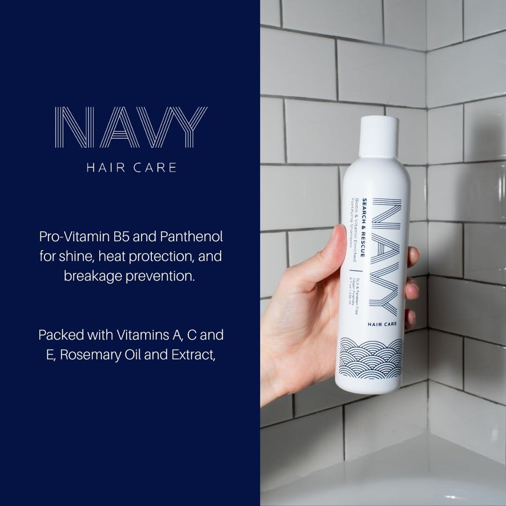 Lathering NAVY Search and Rescue shampoo on wet hair for cleansing