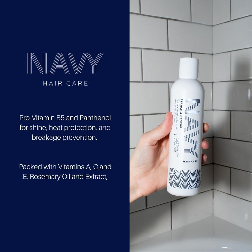 Two-bottle pack display of NAVY HAIR CARE Shampoo for easy replenishment