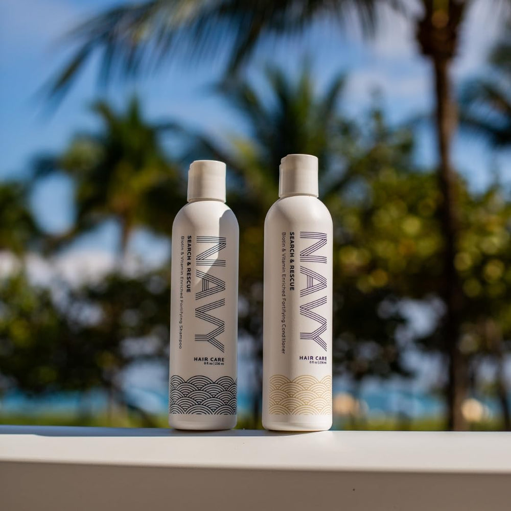 NAVY shampoo and conditioner duo on a sink—set of two 8 oz bottles.