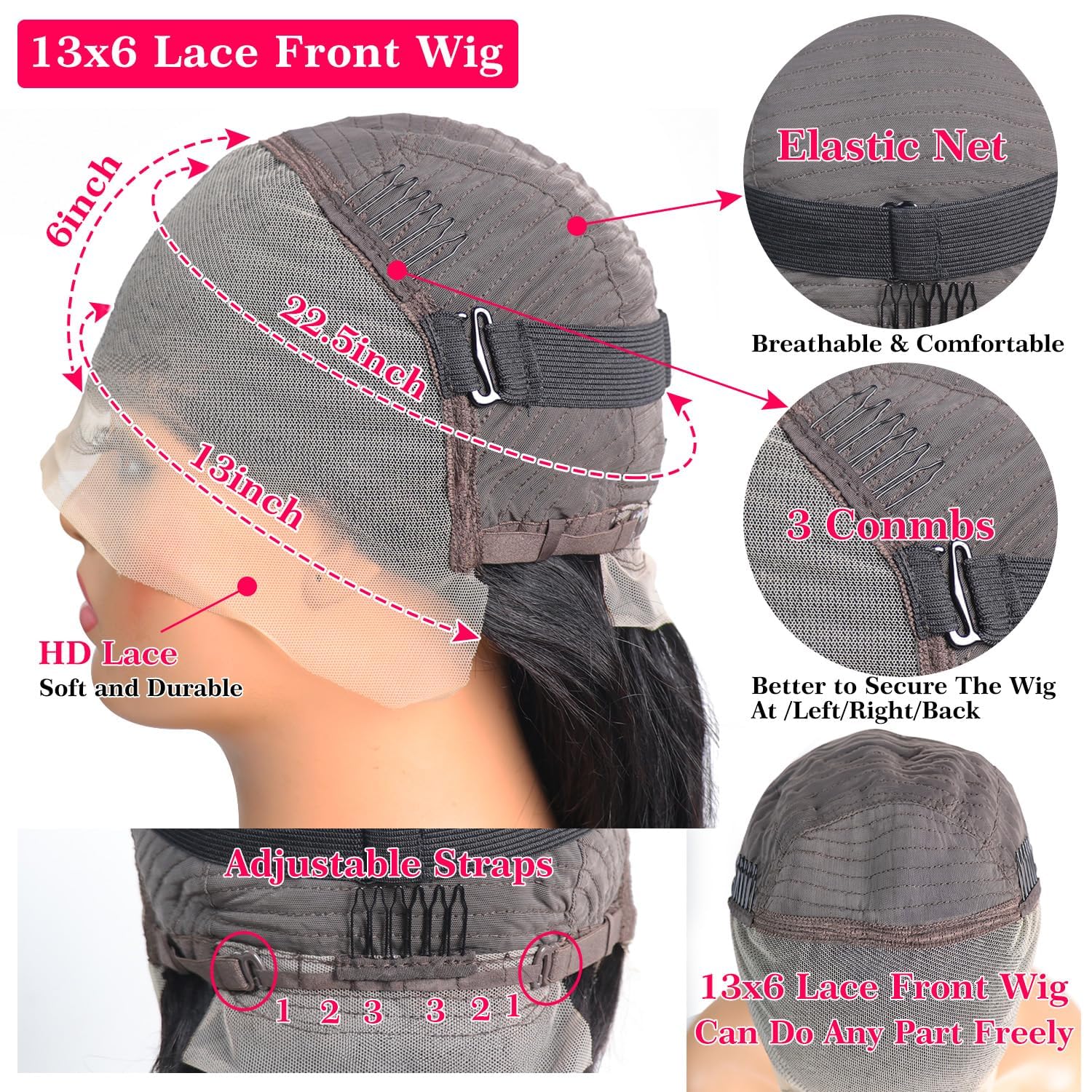 Nawpum glueless cap with straps and three combs for secure wear