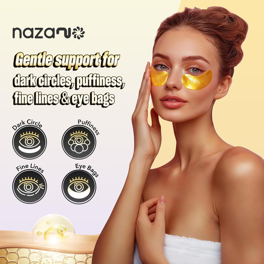 NAZANO 24K Gold under-eye patches close-up showing texture and moisture.