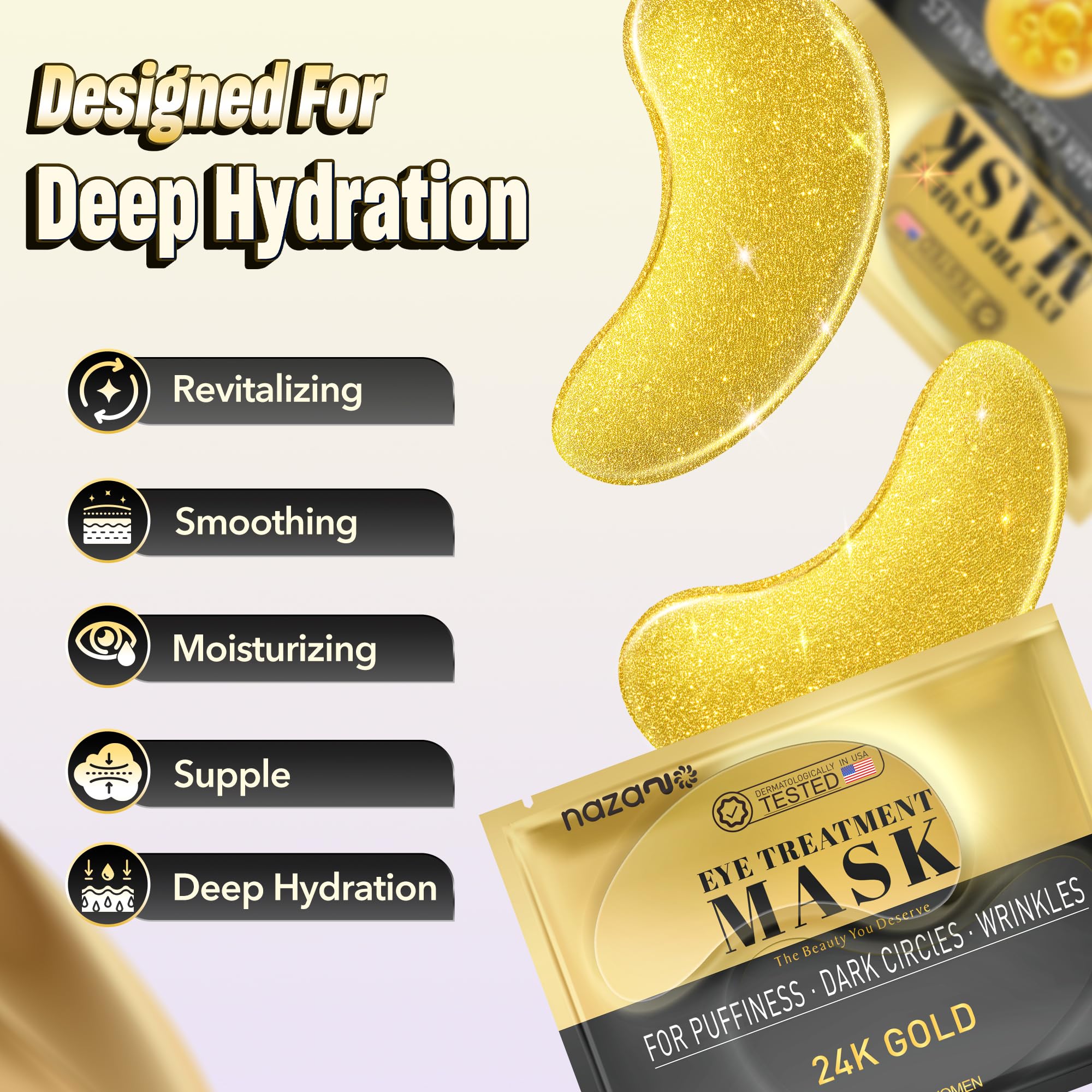 NAZANO 24K Gold under-eye patches infused with hyaluronic acid benefits.