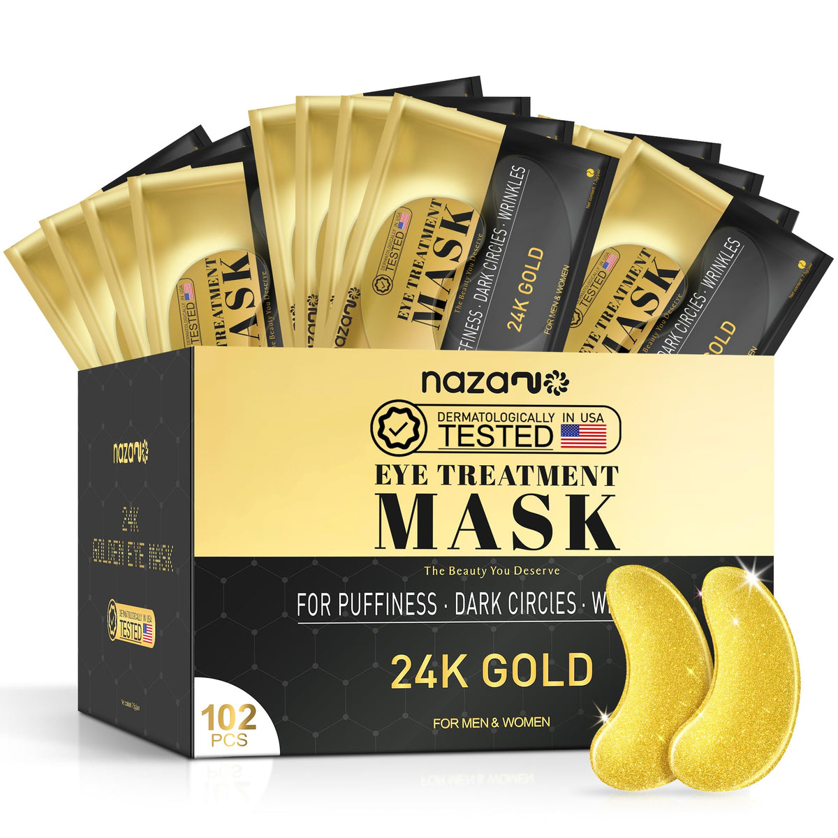 NAZANO 24K Gold under-eye patches packaging for easy daily use.