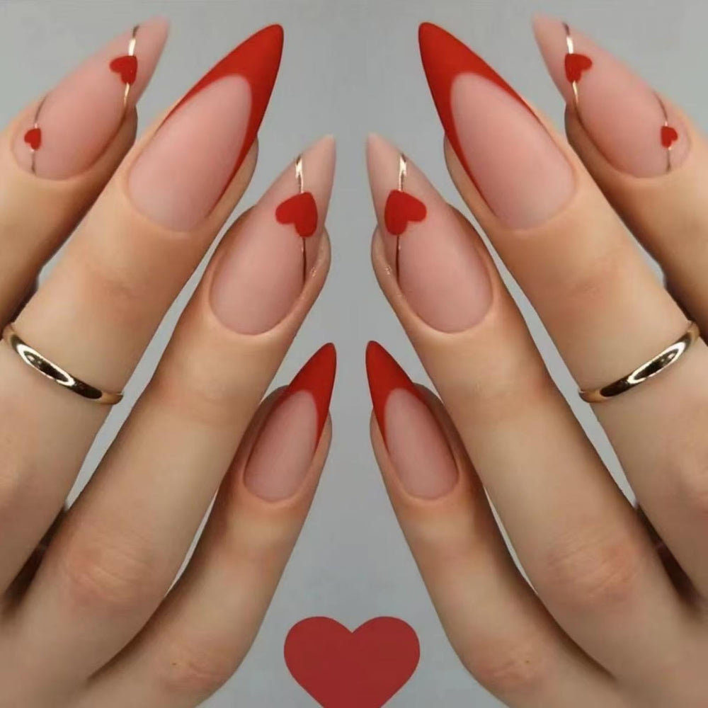NBNTGH red French tip heart nails for a chic at-home manicure.