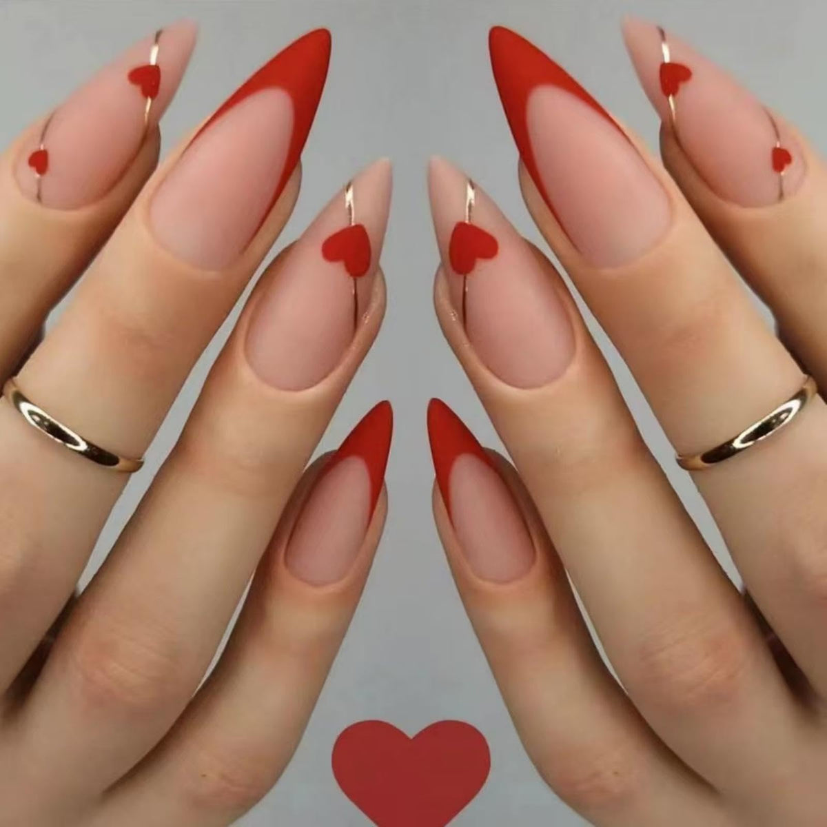 NBNTGH red French tip heart nails for a chic at-home manicure.