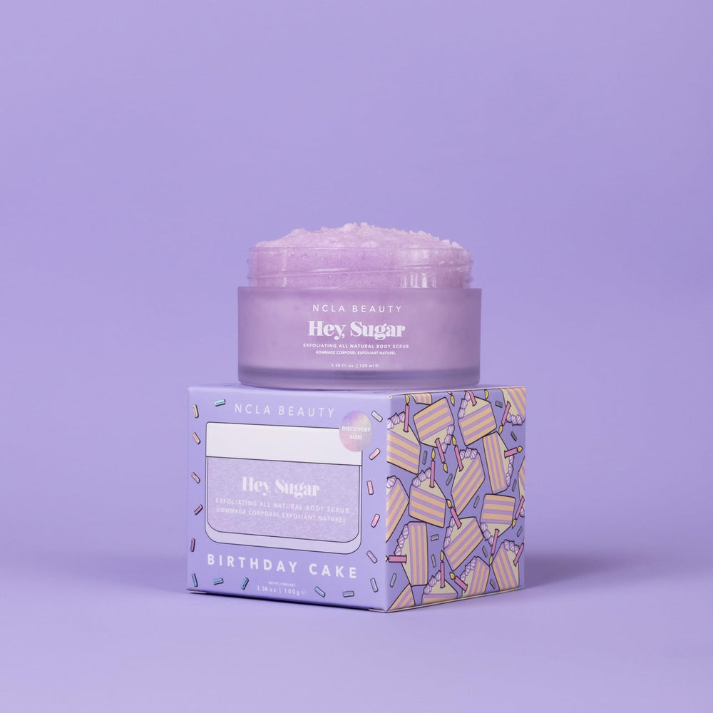 Hey Sugar Birthday Cake packaging highlights natural ingredients and vegan formula.