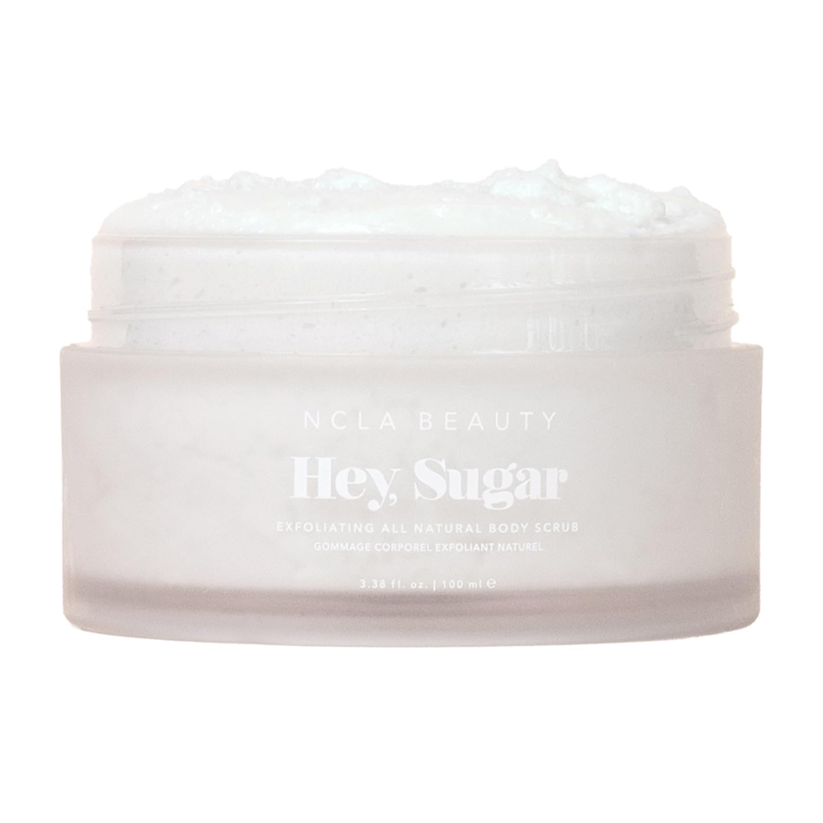 NCLA Beauty Hey Sugar jar shows exfoliating scrub for silky, smooth skin