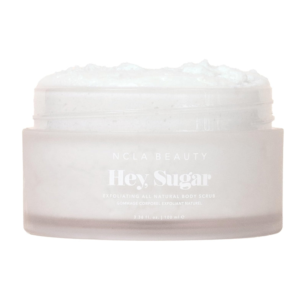 NCLA Beauty Hey Sugar jar shows exfoliating scrub for silky, smooth skin