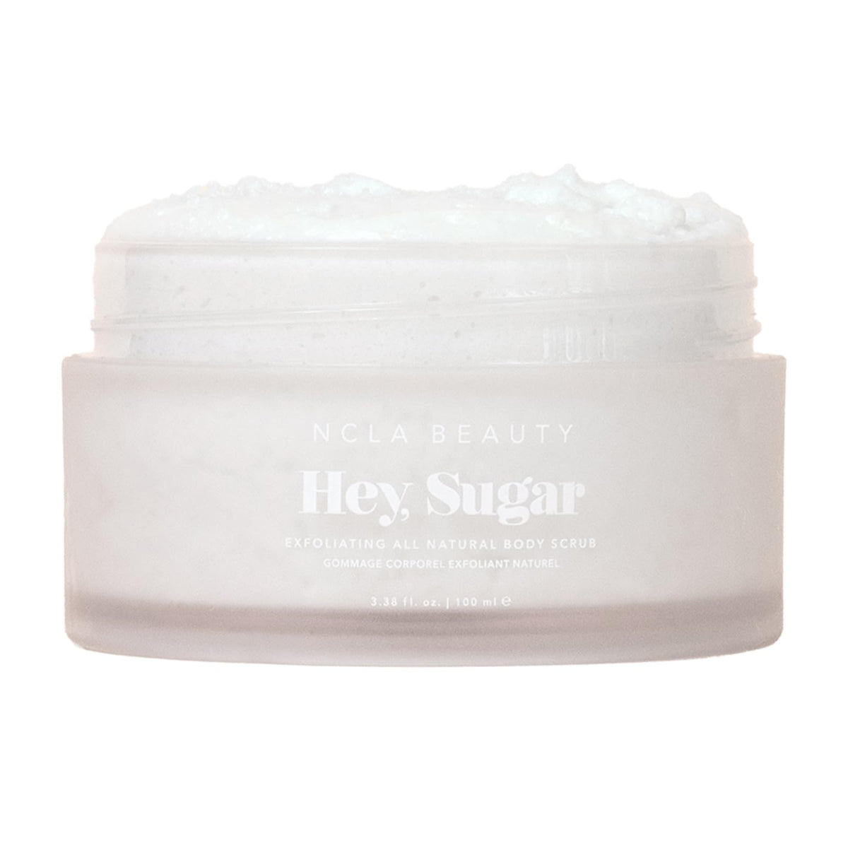 NCLA Beauty Hey Sugar jar shows exfoliating scrub for silky, smooth skin