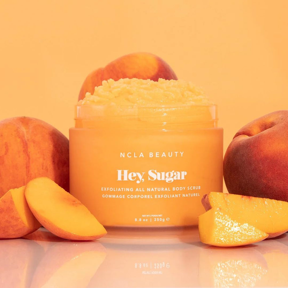 NCLA Beauty Hey Sugar scrub uncapped pour highlights creamy texture ideal for exfoliation.