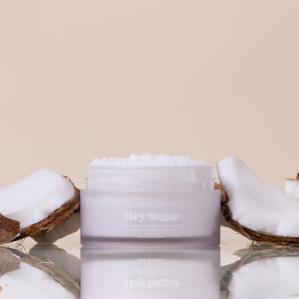 Close-up of sugar grains in Hey Sugar scrub for gentle body exfoliation